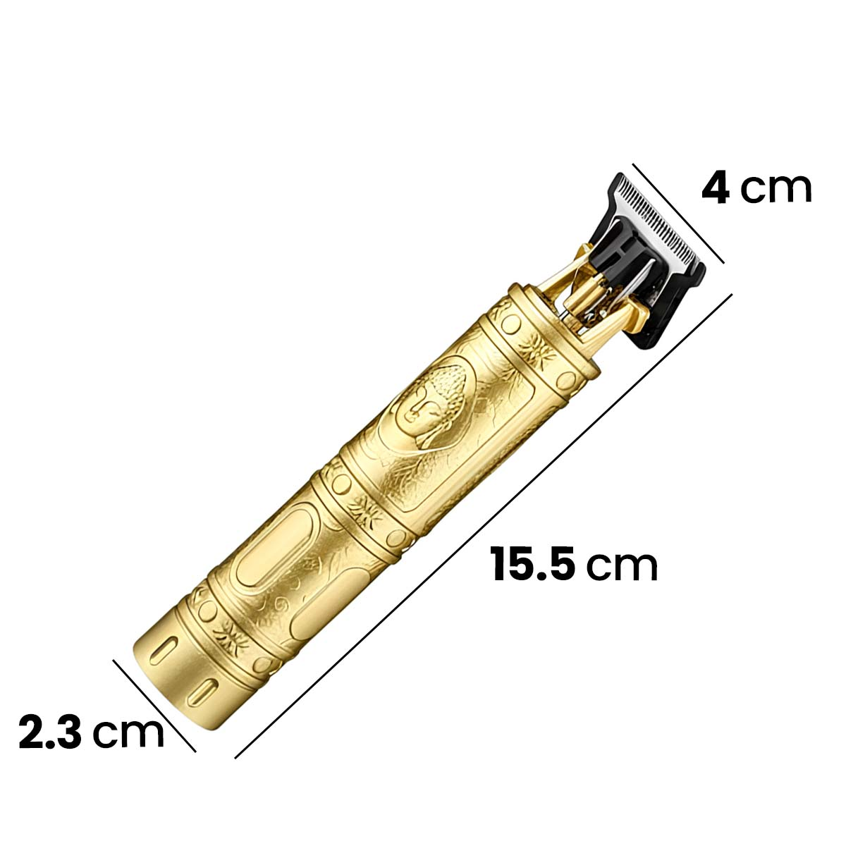 Recortadora dorada con motivo de Buda, 15,5 cm de largo, 4 cm de ancho.