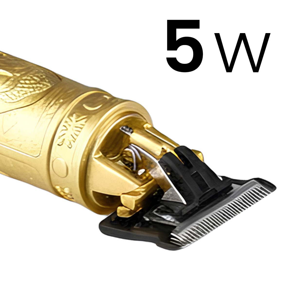 Recortadora dorada con texto 5W, primer plano del cabezal de corte.