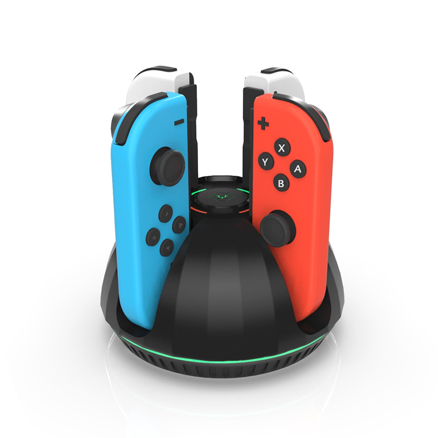 Ein schwarzes Ladegerät mit zwei Nintendo Switch Joy-Cons, einem blauen und einem roten.