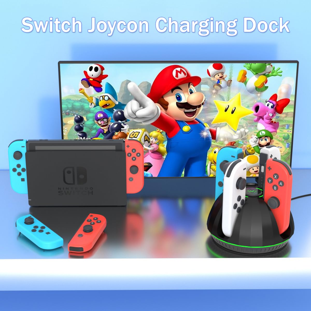 Nintendo Switch mit Joy-Cons und Ladestation vor einem Bildschirm mit Mario.