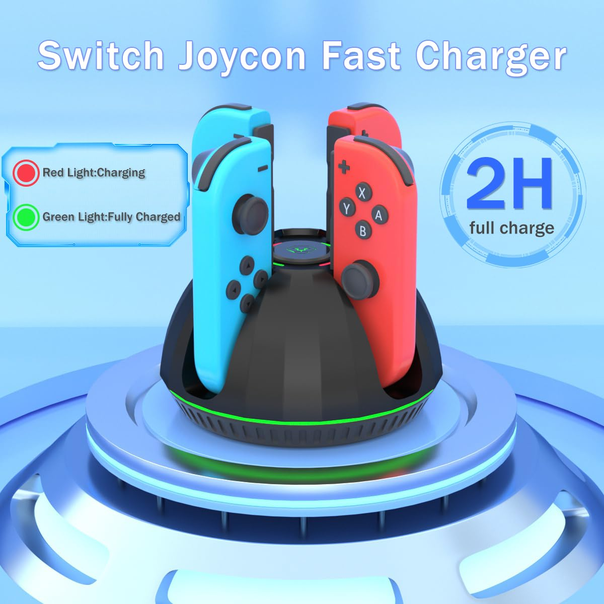 Ladestation für Switch Joycons mit roten und blauen Controllern und Ladeanzeige.