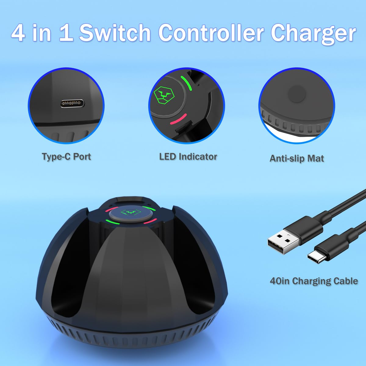 Ein schwarzer 4-in-1-Controller-Ladegerät mit Typ-C-Anschluss, LED-Anzeige und Kabel.