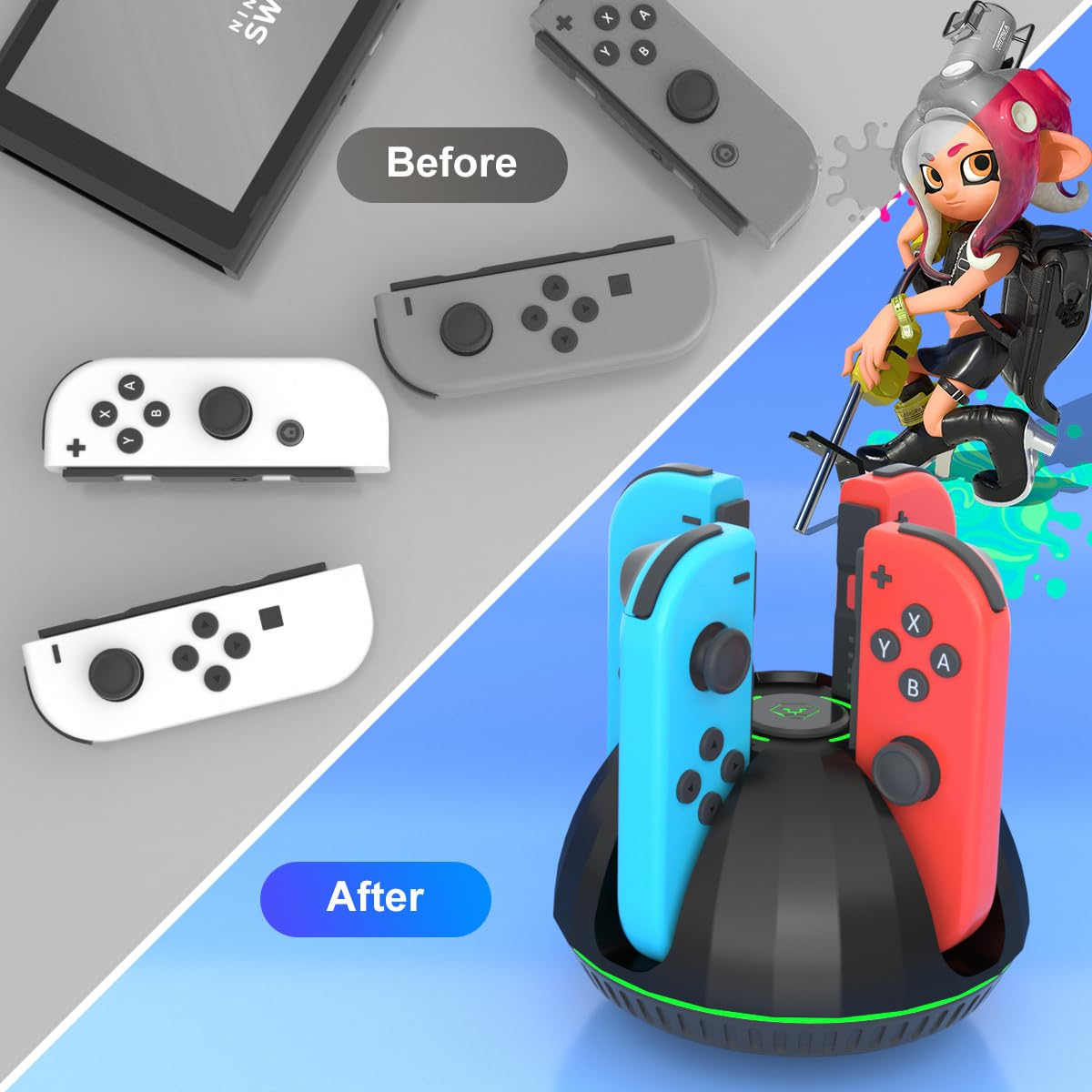 Vorher: Graue Controller. Nachher: Blaue und rote Controller in Ladestation.