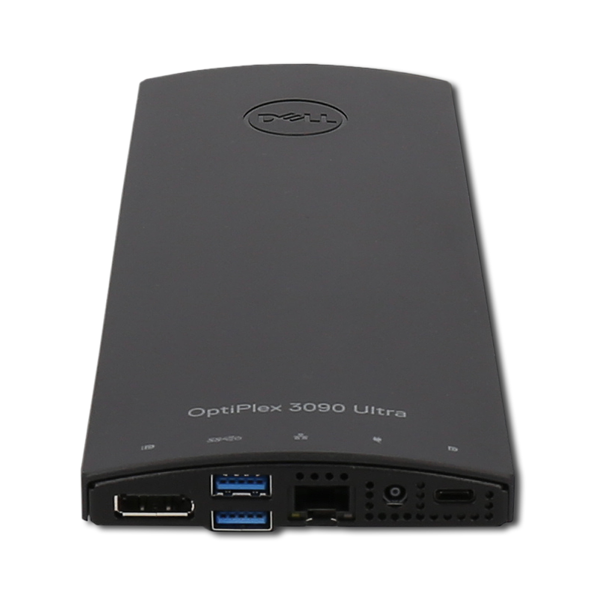 Schwarzer Dell OptiPlex 3090 Ultra Computer mit Anschlüssen vorne.