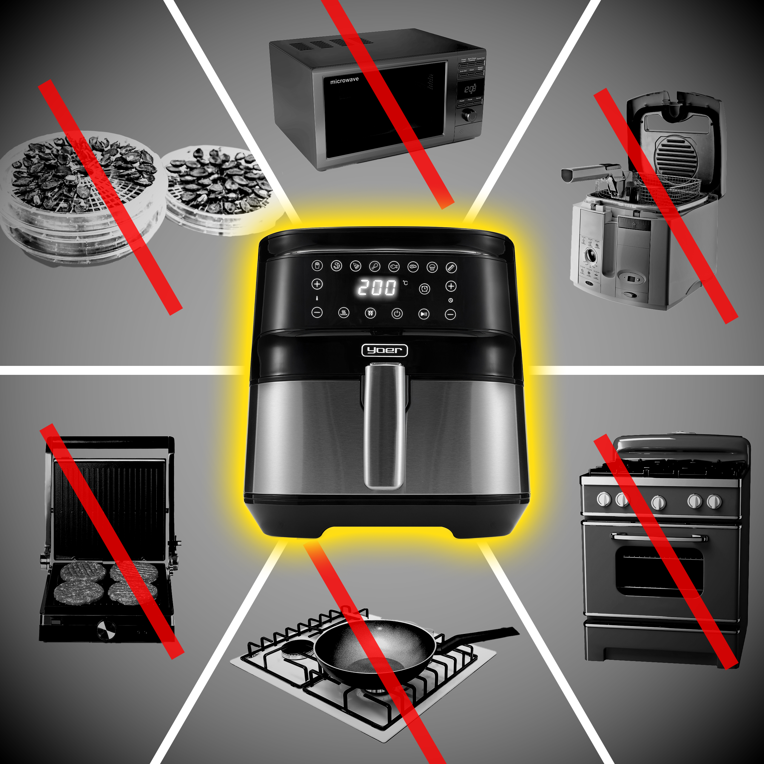 Nowoczesna frytkownica beztłuszczowa z cyfrowym sterowaniem, otoczona przekreślonymi urządzeniami.