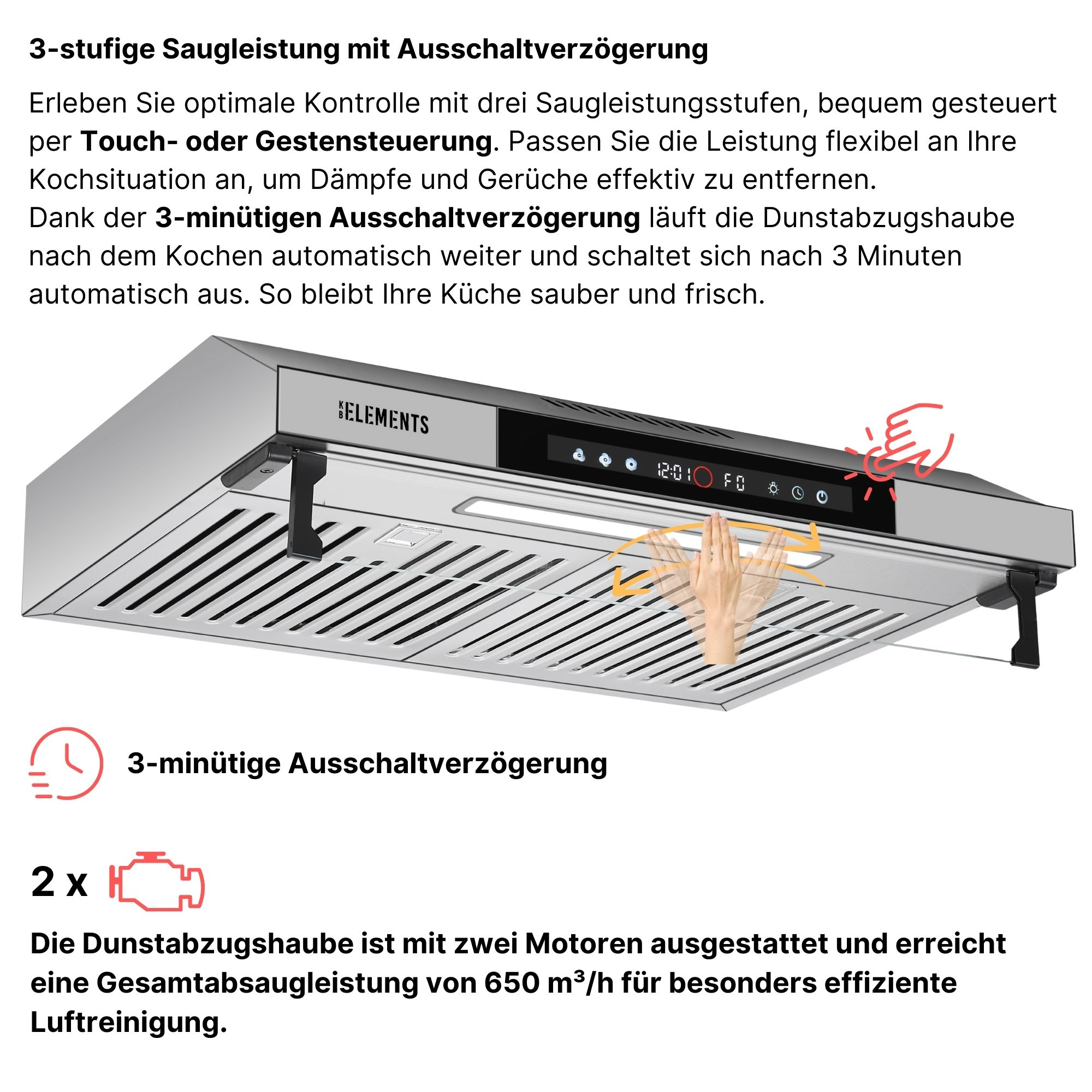 Edelstahl-Dunstabzugshaube mit Touchscreen, 3 Saugstufen, 3-Minuten-Nachlauf.