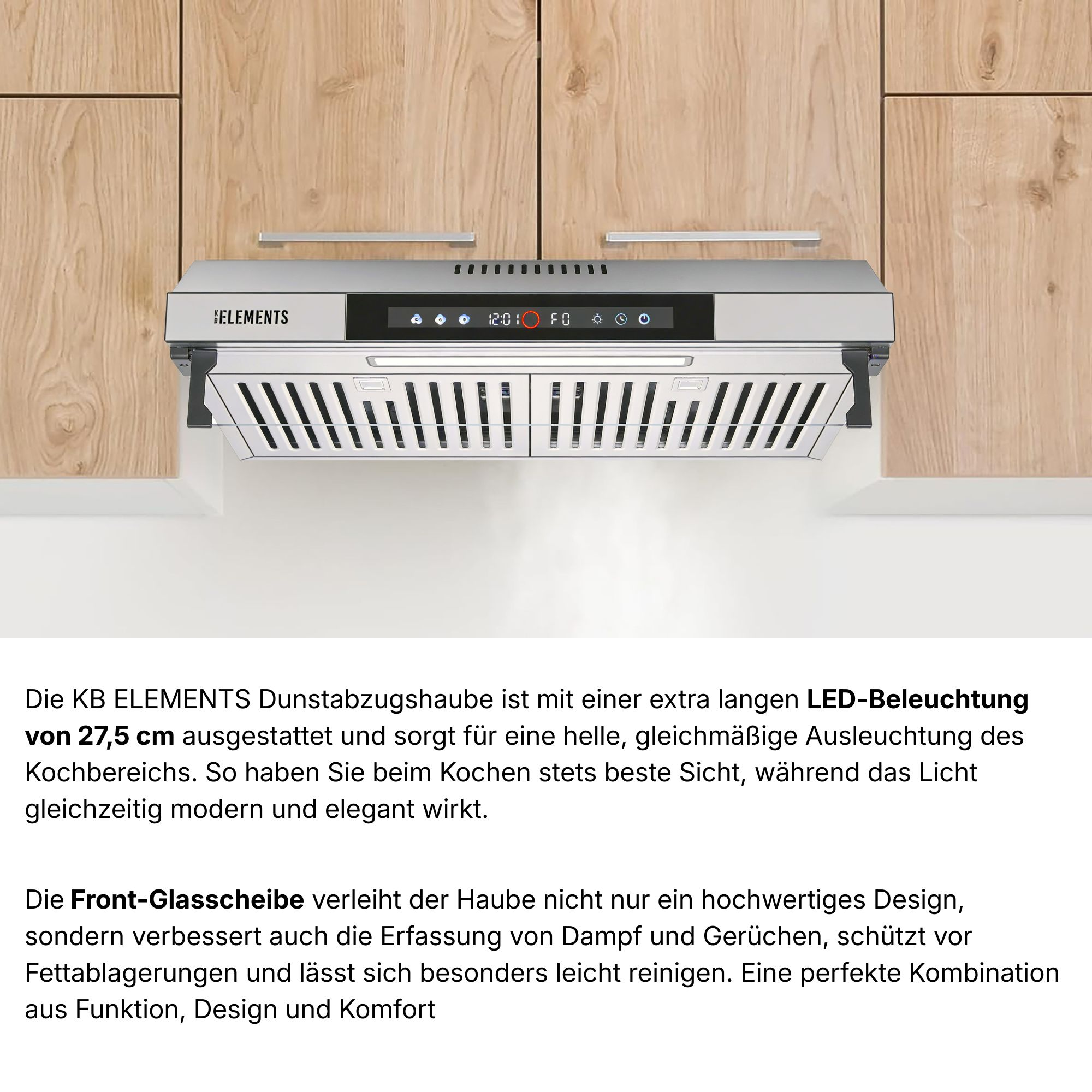Edelstahl Dunstabzugshaube mit LED-Beleuchtung und Digitalanzeige, über Holzschränken.