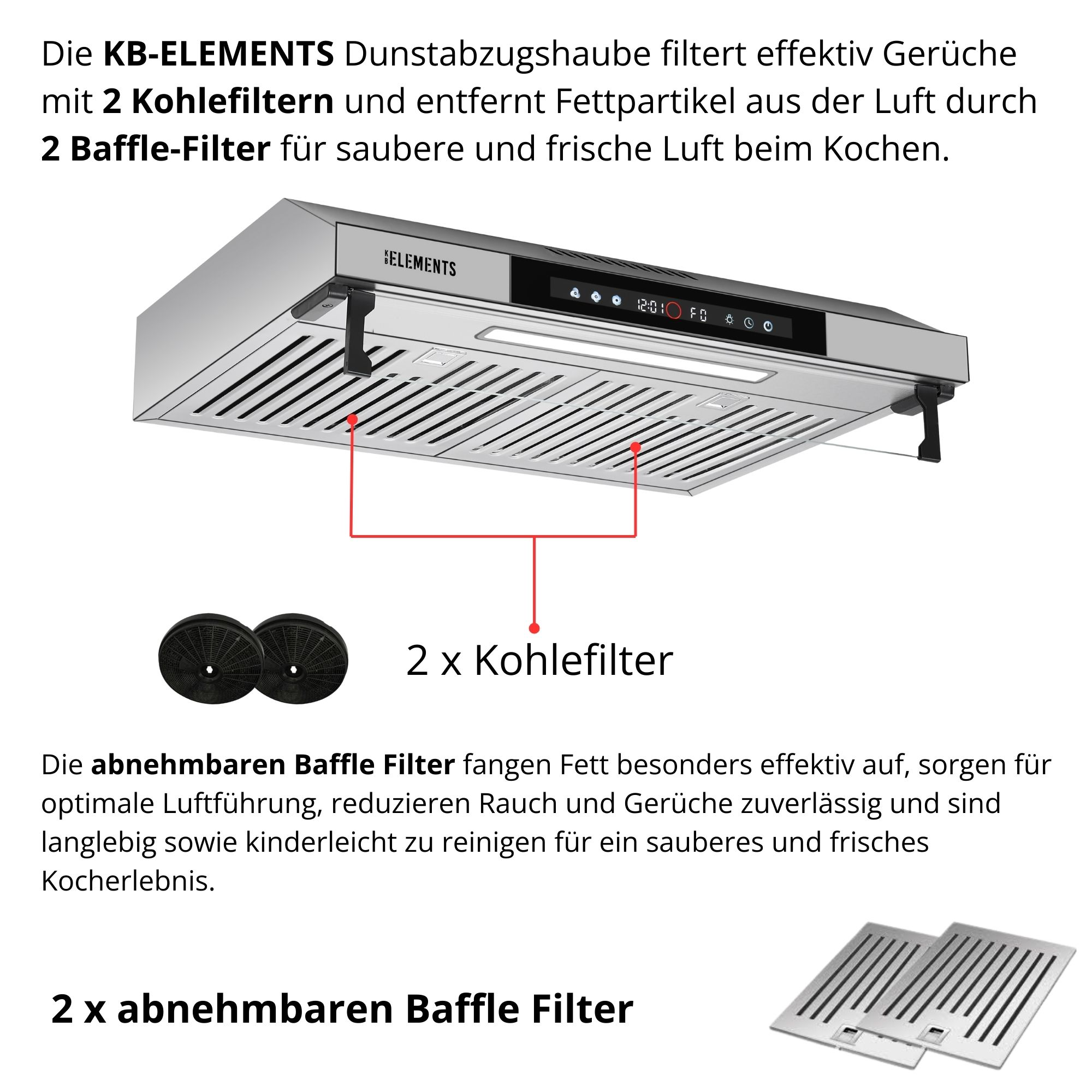 Edelstahl-Dunstabzugshaube mit 2 Kohlefiltern und 2 Baffle-Filtern.