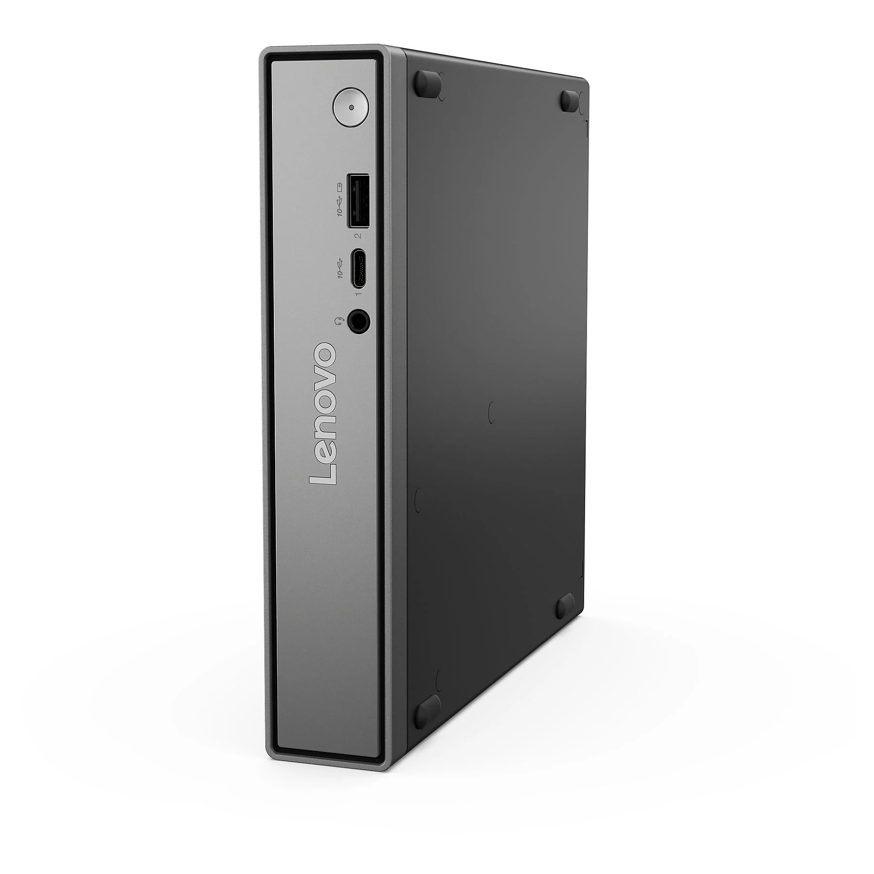 Un piccolo computer Lenovo grigio con porte e logo.