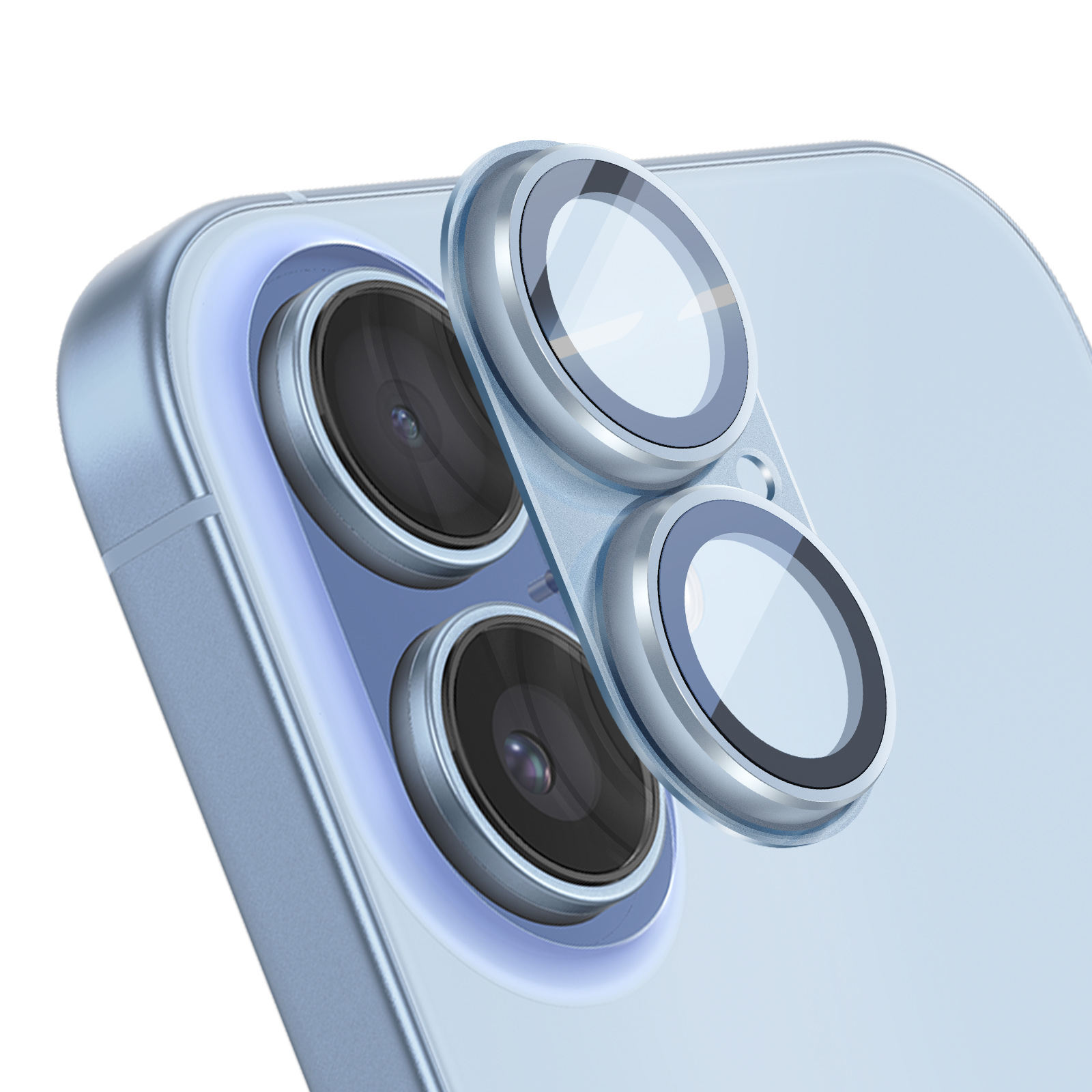 Gros plan de l'arrière d'un smartphone bleu clair avec trois objectifs.