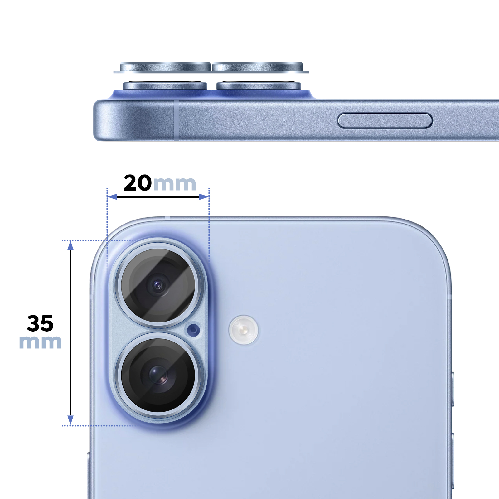 Gros plan d'un smartphone bleu avec deux objectifs de caméra et des mesures.