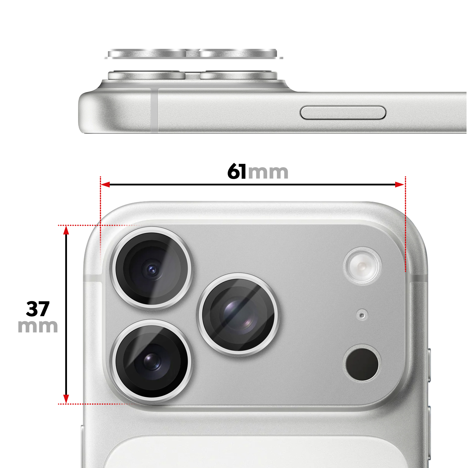 Close-up van de achterkant van een zilveren smartphone met drie cameralenzen en afmetingen.