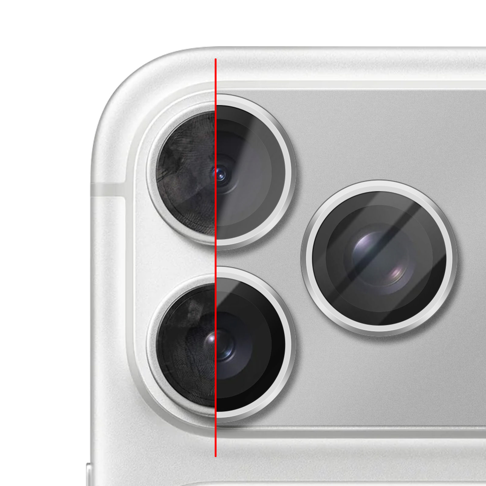 Close-up van de zilveren achterkant van een iPhone met drie cameralenzen en een rode lijn.
