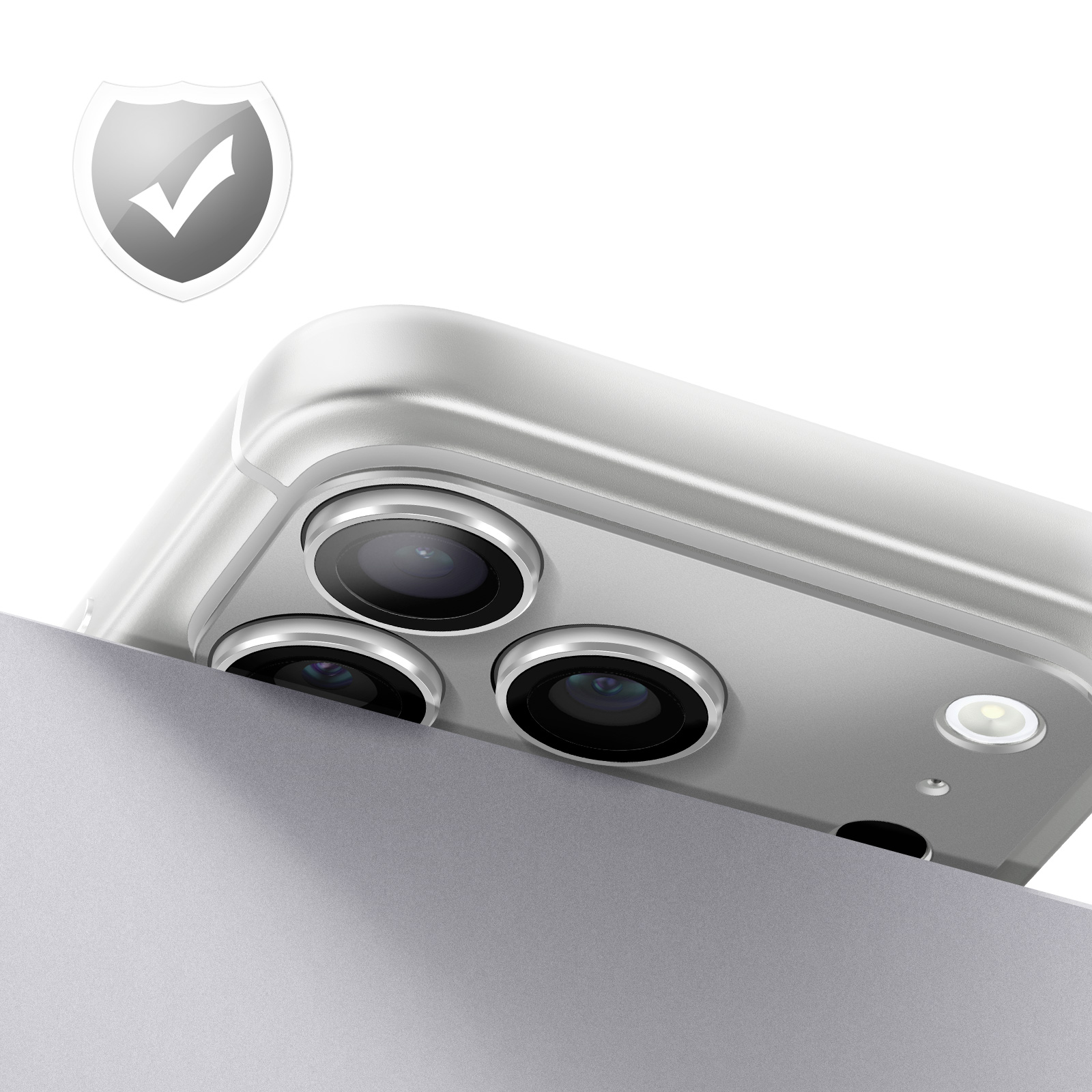 Zilveren smartphone met drie camera's en een schildicoon.