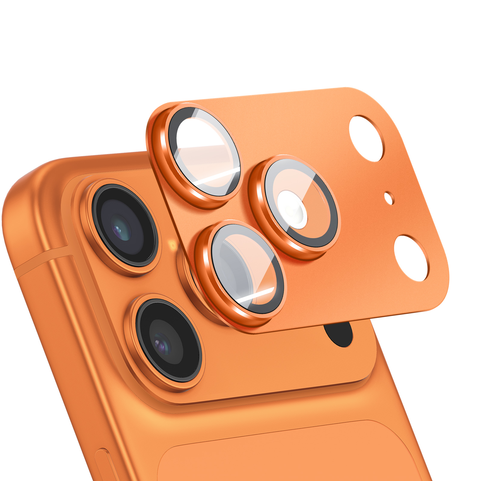 Smartphone orange avec trois objectifs de caméra et un film protecteur.