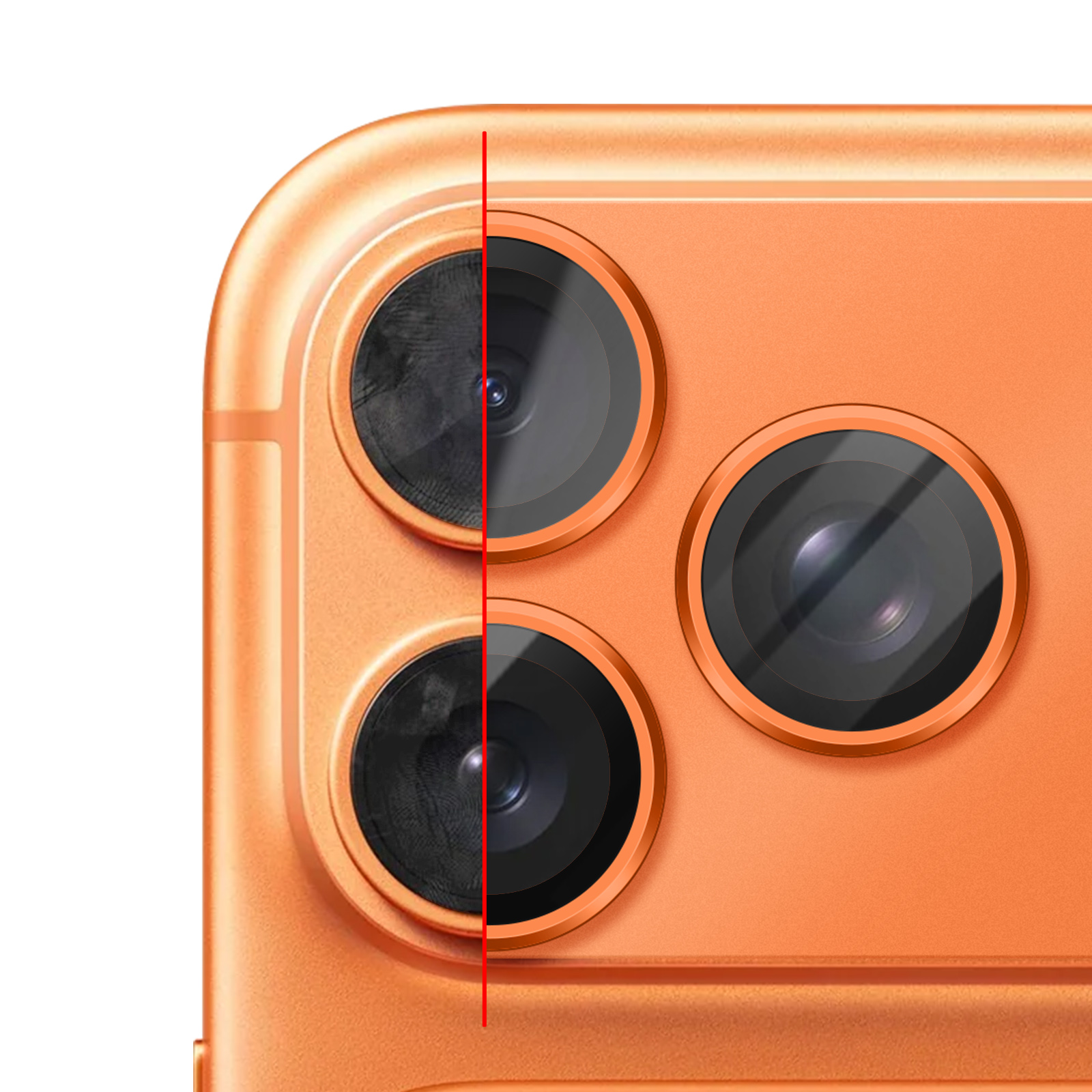 Gros plan de l'arrière d'un téléphone orange avec trois objectifs. Une ligne rouge divise les objectifs.