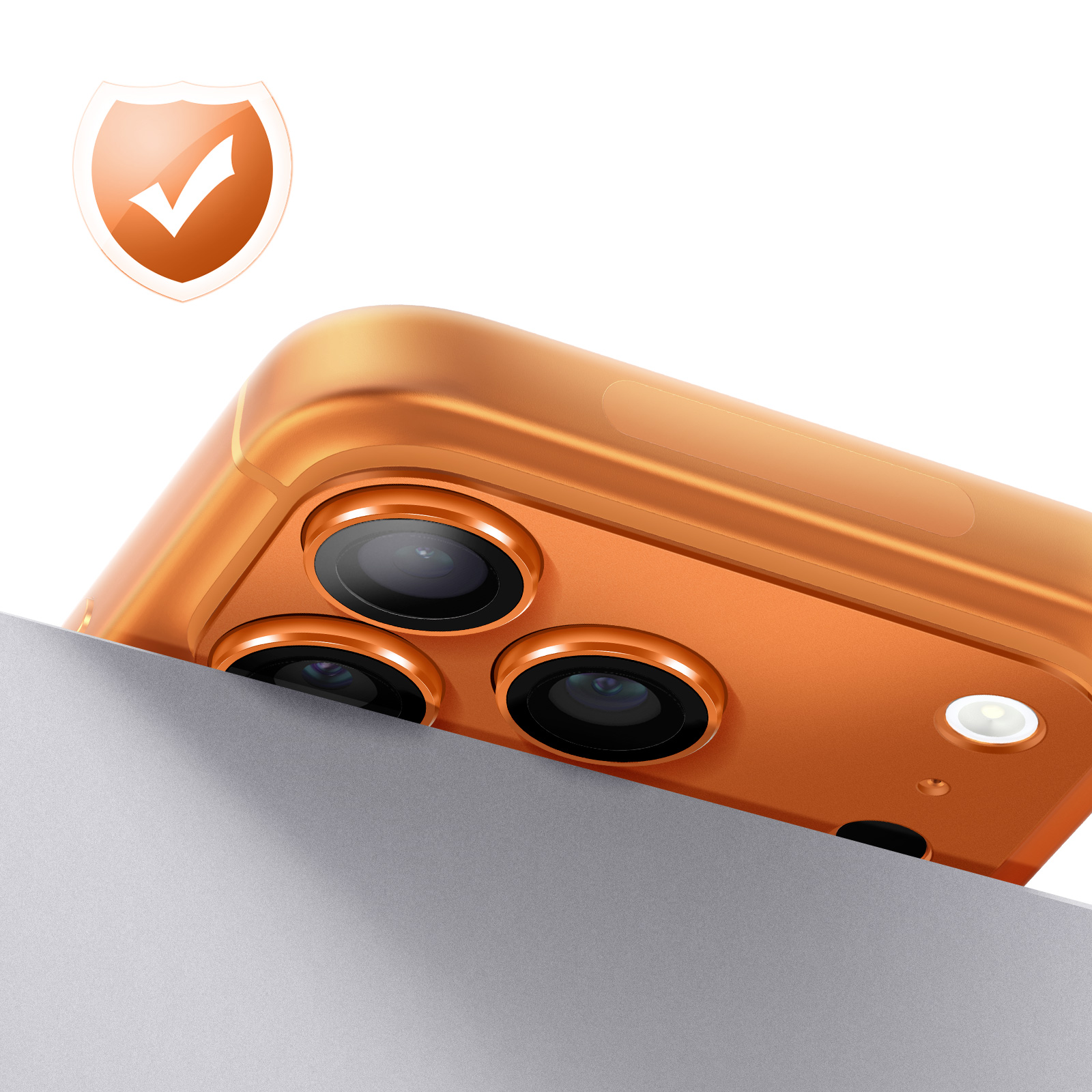 Smartphone orange avec trois caméras et une icône de bouclier.