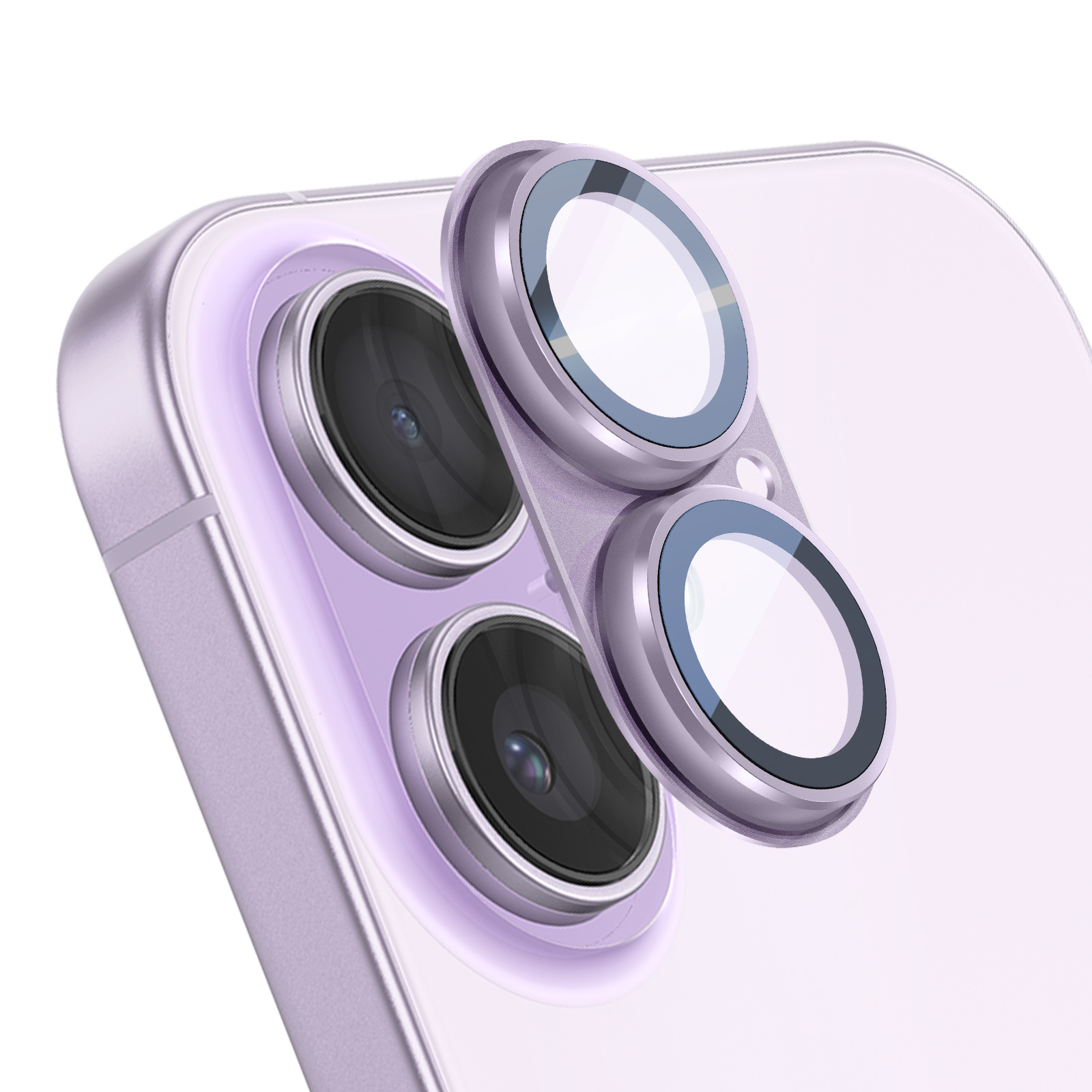 Gros plan de l'arrière d'un iPhone violet avec deux appareils photo et protections.