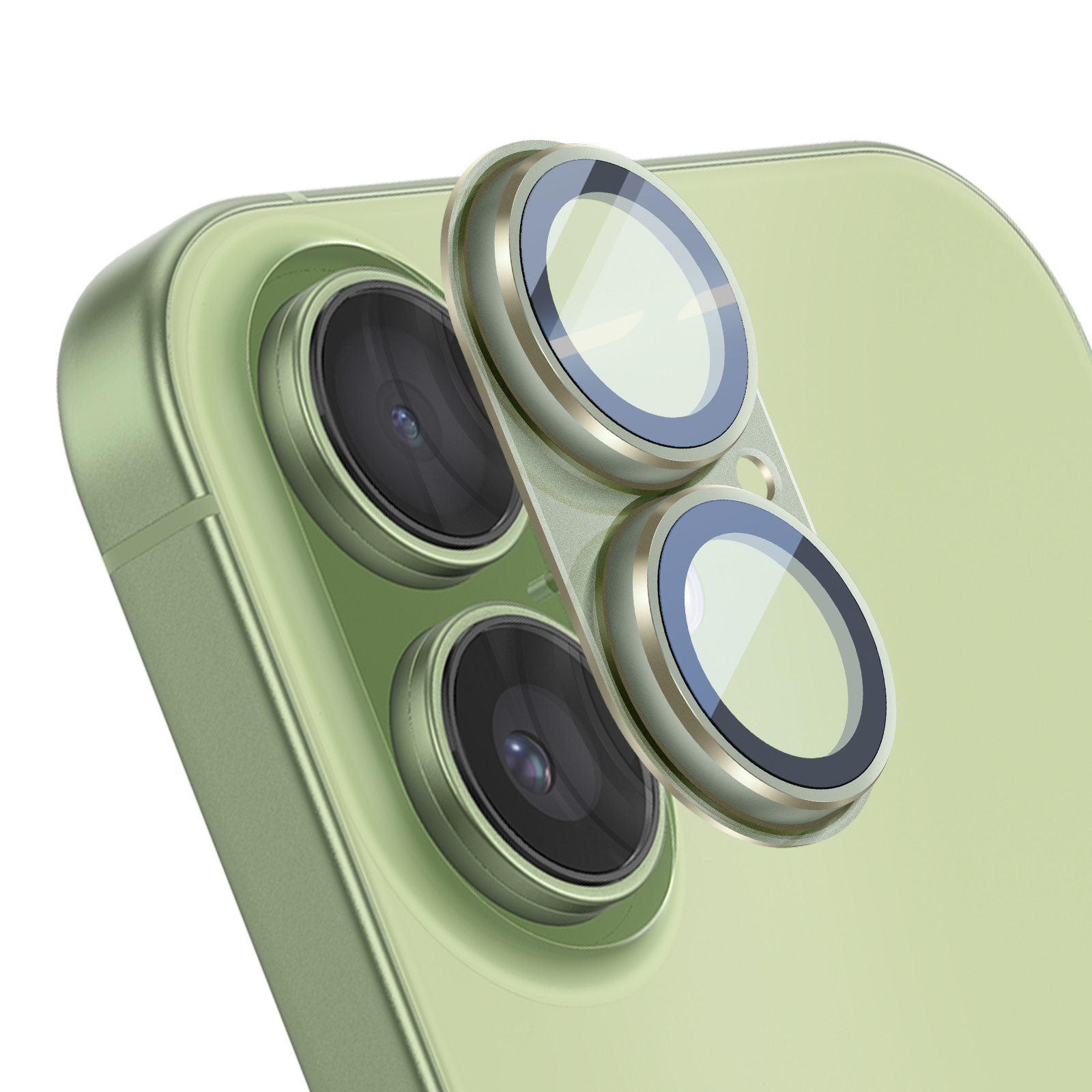 Close-up van de achterkant van een lichtgroene smartphone met drie cameralenzen.