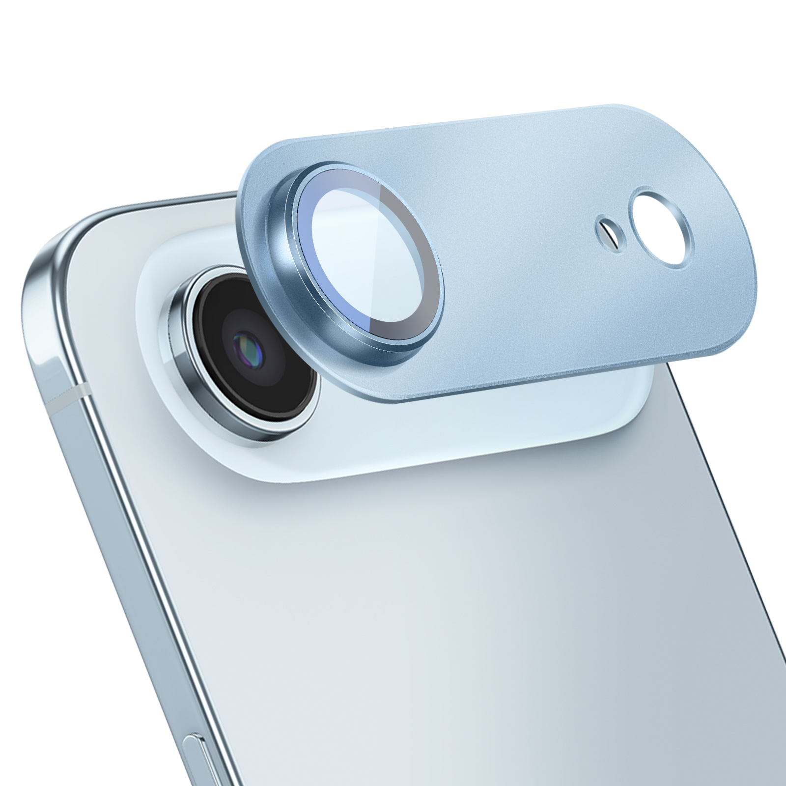 Un cache de protection bleu repose sur l'objectif de l'appareil photo d'un smartphone.