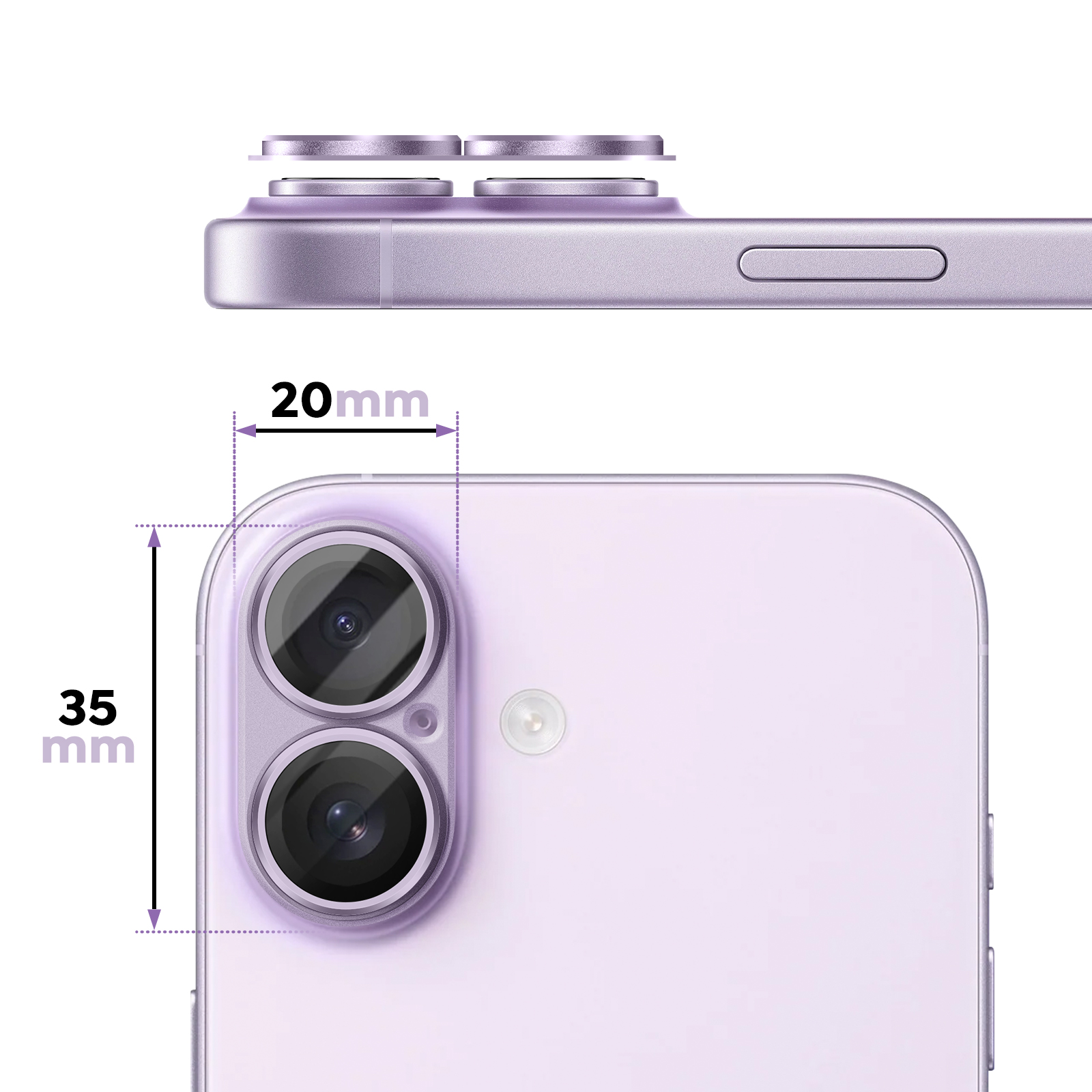 Arrière de smartphone violet avec deux caméras, montrant des mesures de 35mm et 20mm.