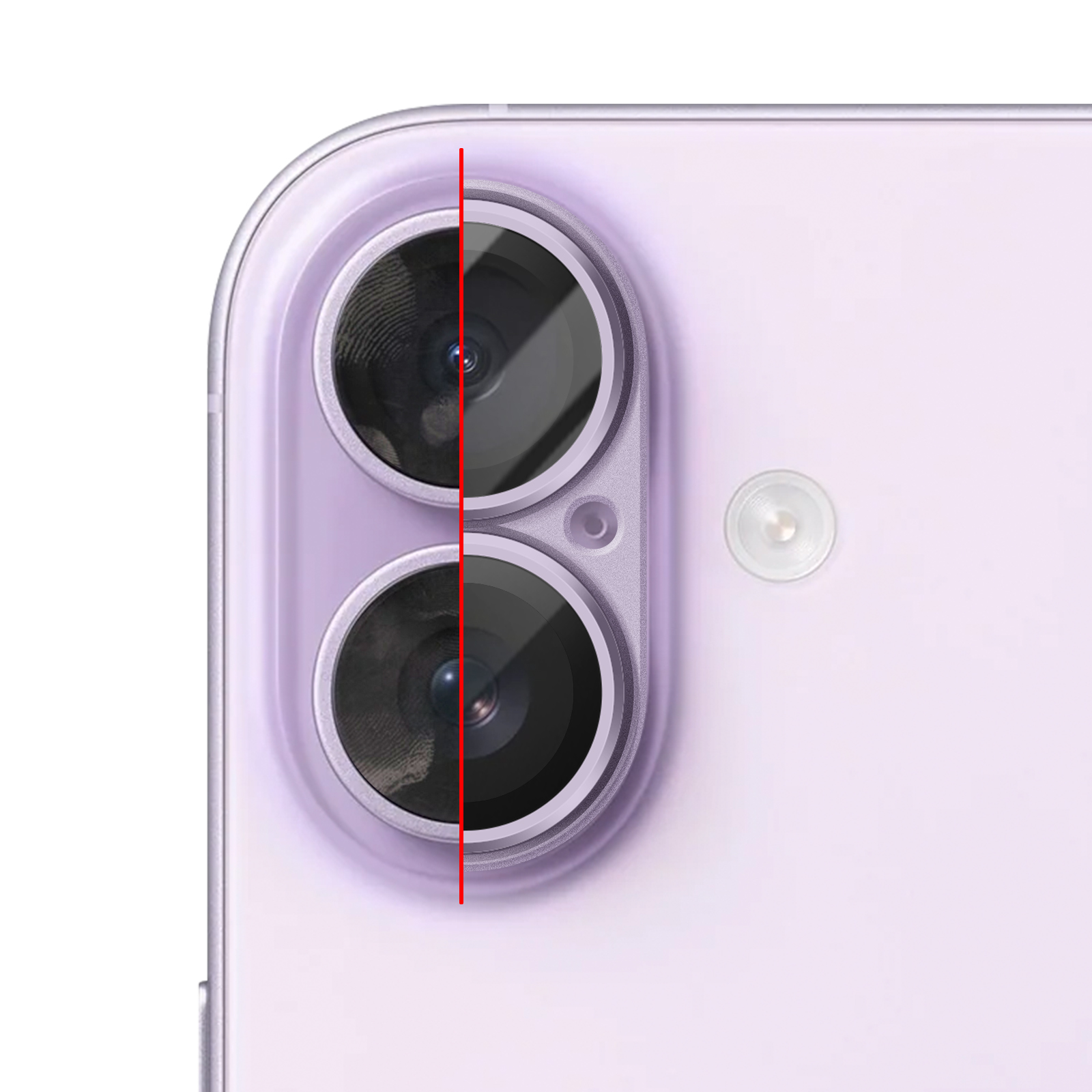 Gros plan des doubles caméras arrière d'un smartphone violet clair avec ligne rouge.