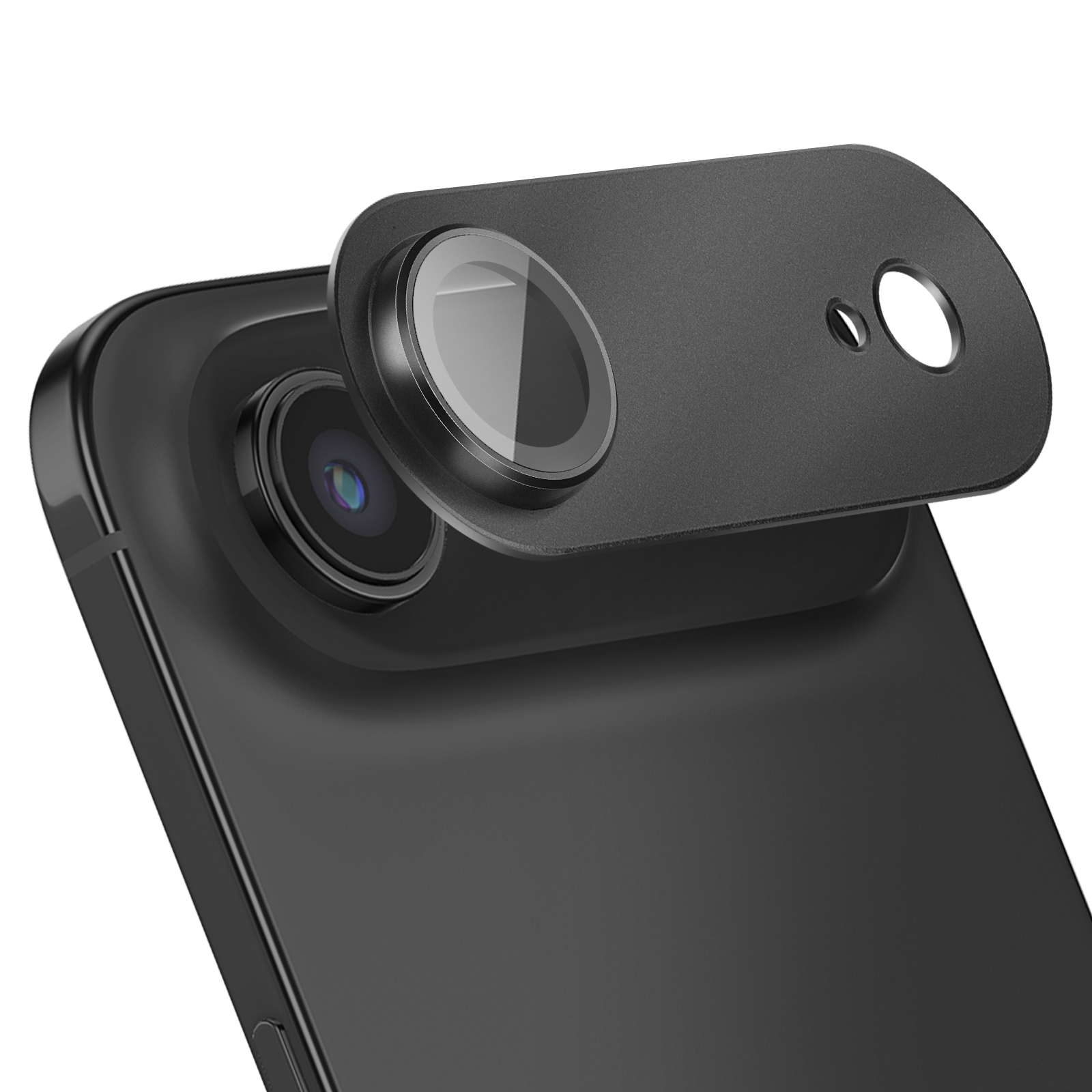 Gros plan d'une caméra de téléphone noire avec un accessoire d'objectif noir.