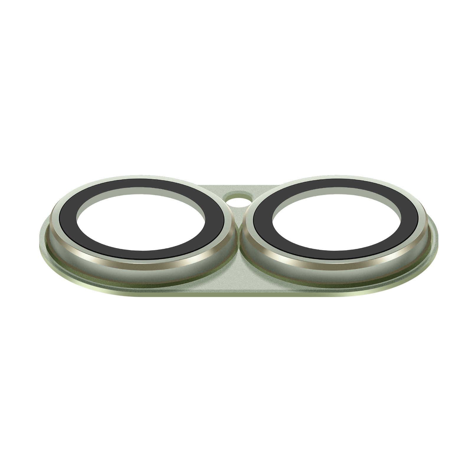 Twee aangrenzende cameralenzen met zilveren ringen en zwarte inzetstukken.