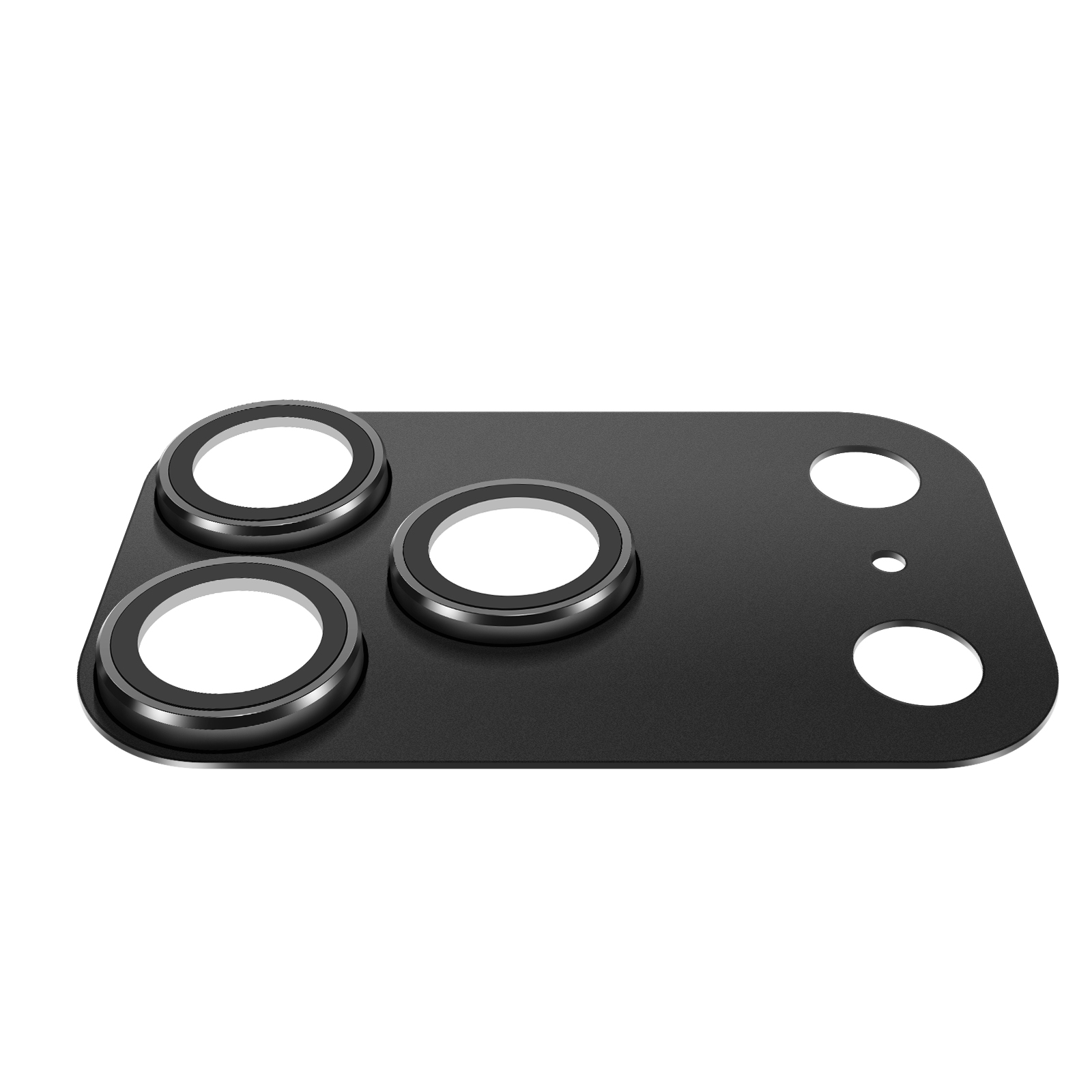 Support de caméra de téléphone noir avec trois objectifs et deux découpes supplémentaires.