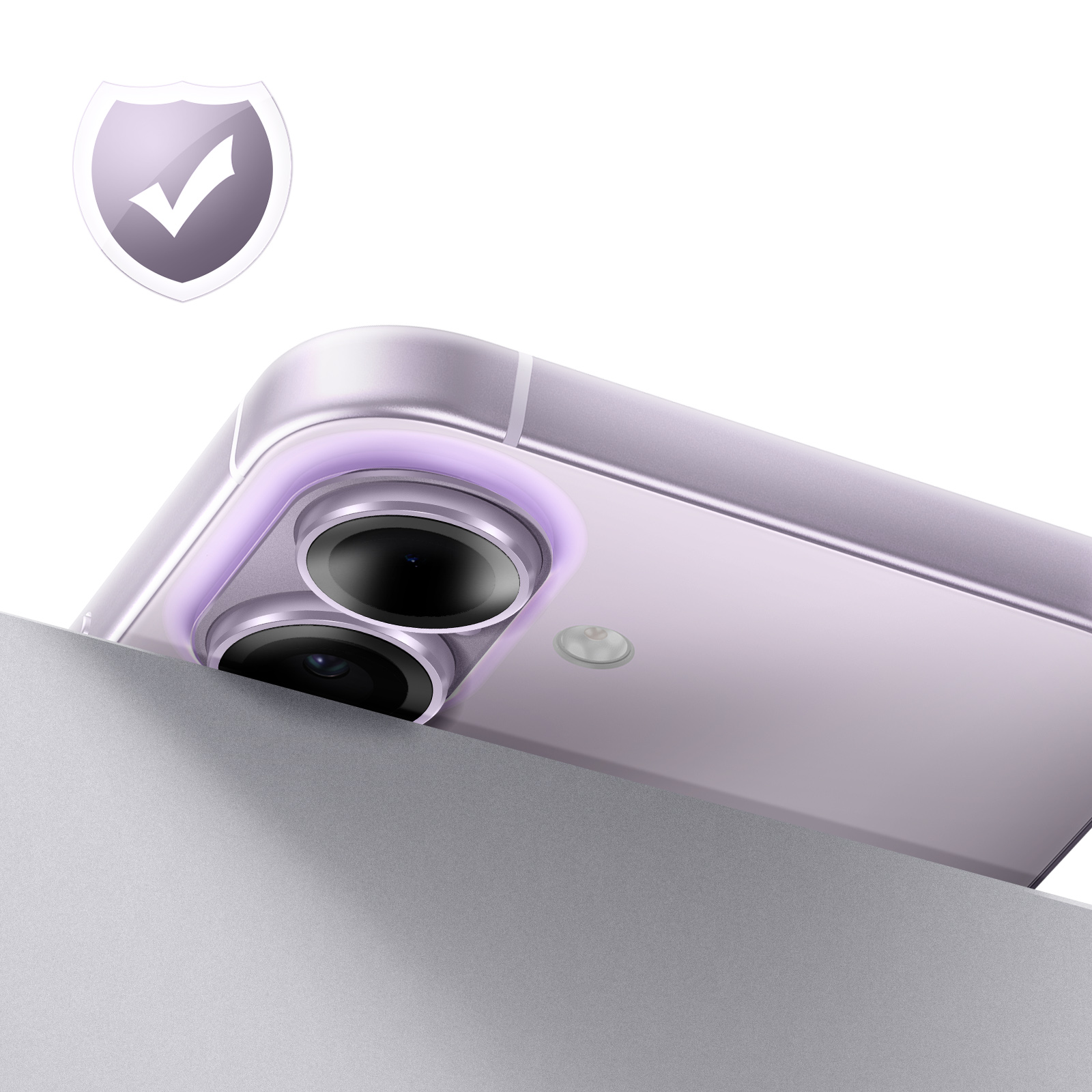 Caméra de téléphone violette avec icône de bouclier et coche.