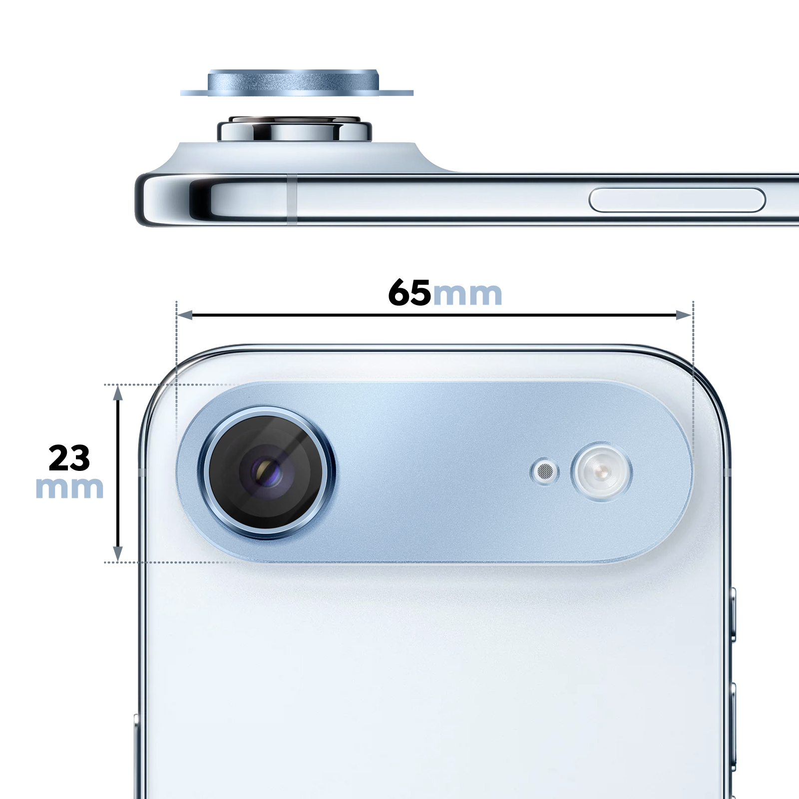 Gros plan du module caméra d'un smartphone avec dimensions 65mm et 23mm.