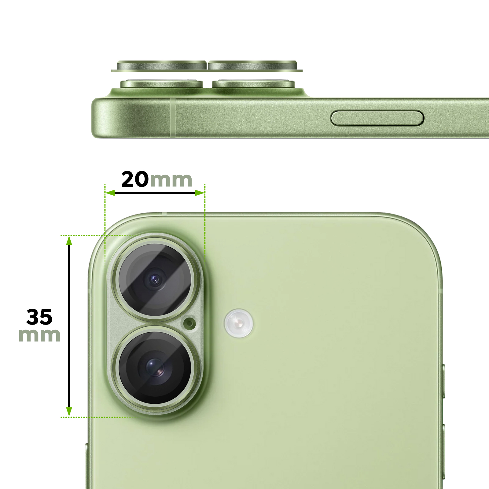 Groene smartphone met twee camera's. Afmetingen 35x20mm.