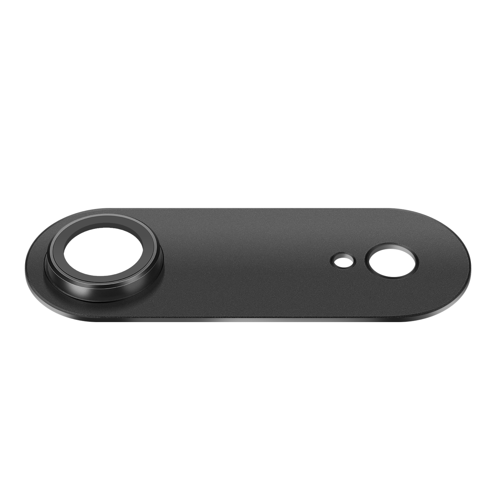 Objet noir, fin et oblong avec des découpes circulaires aux deux extrémités.