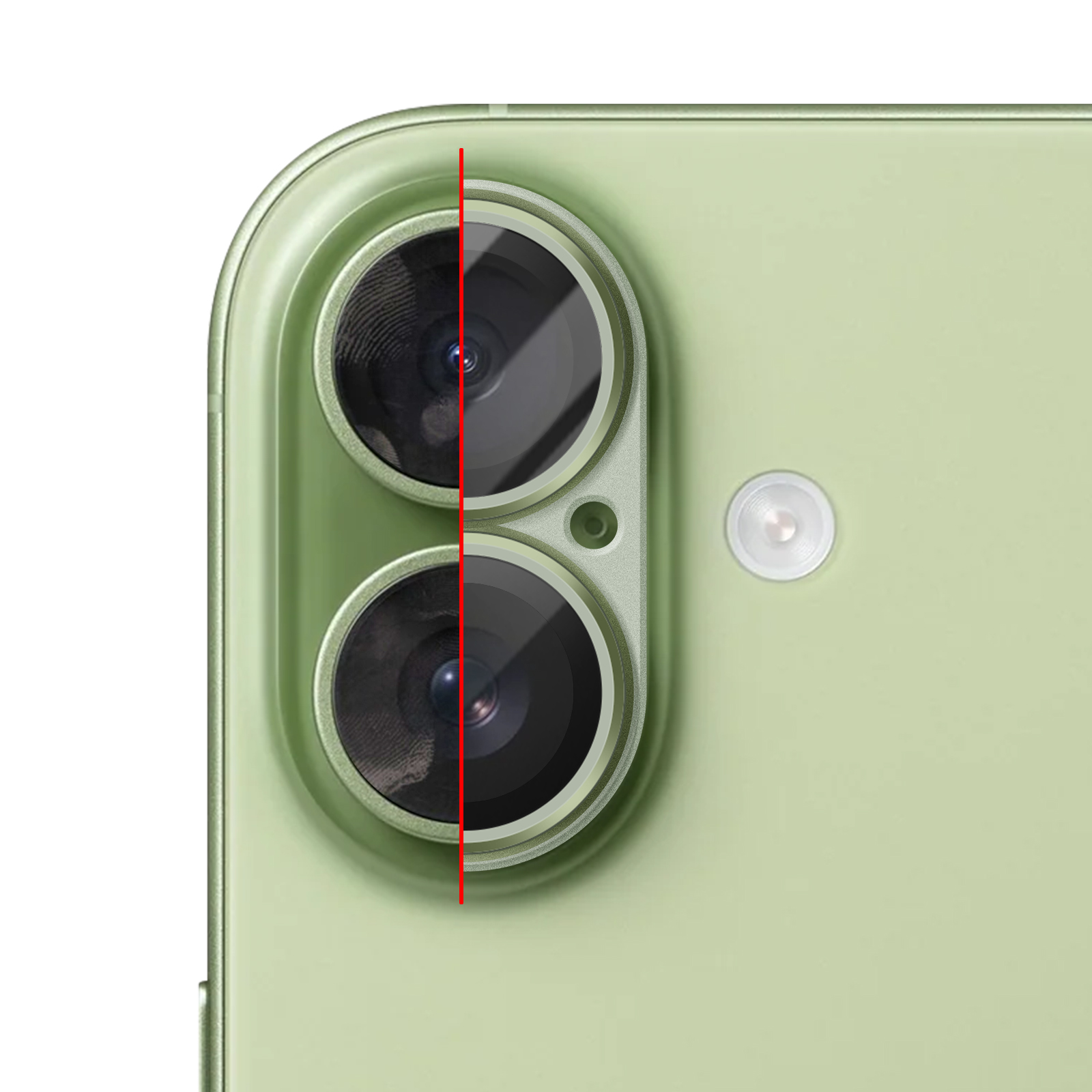 Rode lijn deelt groene telefoonachterkant met twee camera's.