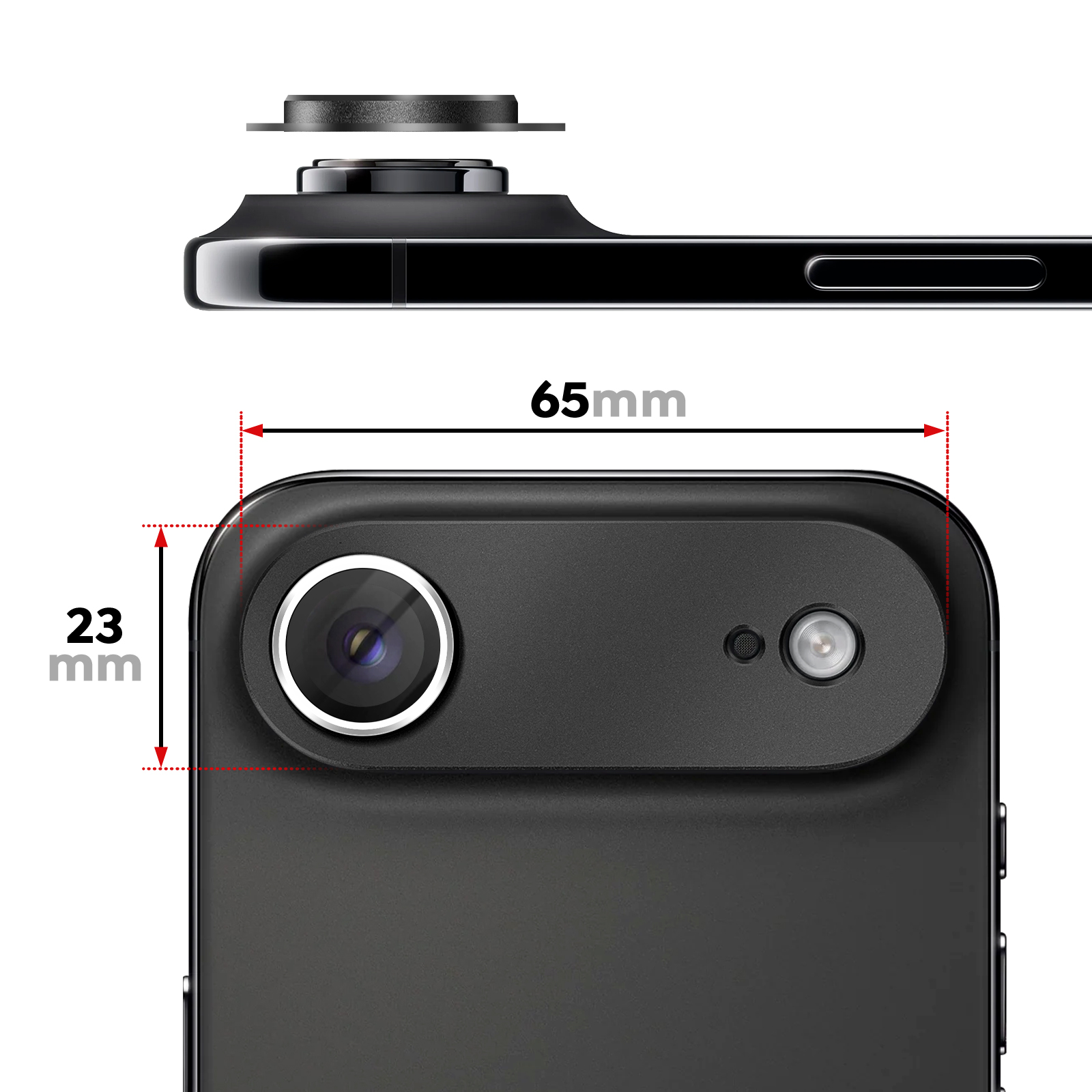 Dimensions du module caméra iPhone : 65mm largeur, 23mm hauteur. Un accessoire d'objectif est au-dessus.