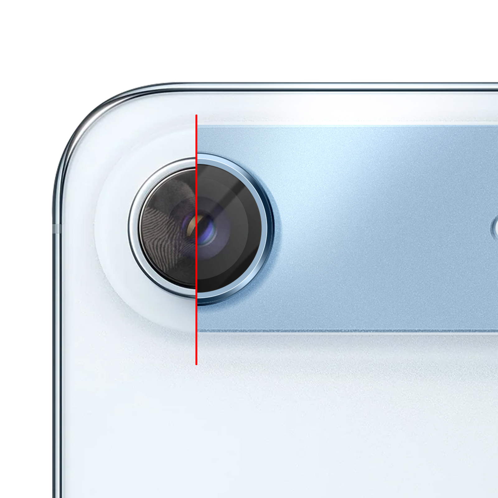 Gros plan d'un appareil photo de smartphone avec une ligne guide rouge.