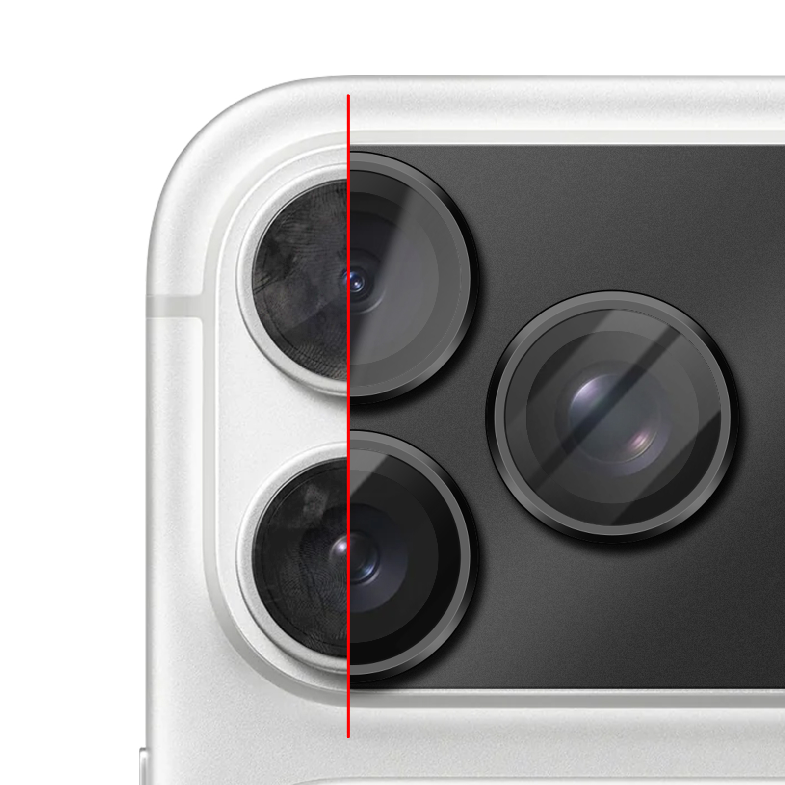 Gros plan d'un appareil photo de smartphone à trois objectifs, divisé par une ligne rouge.