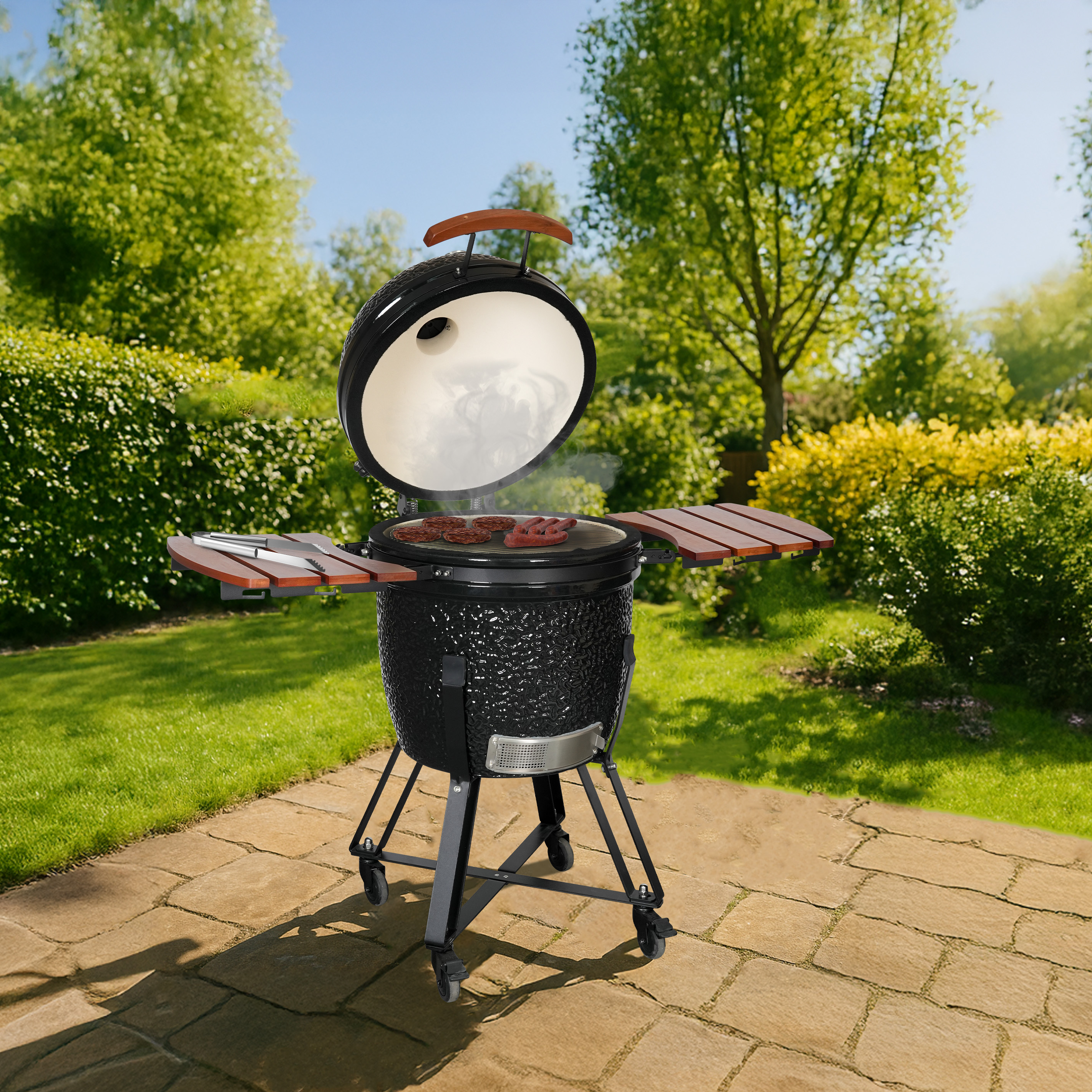 A black grill with its lid open, cooking burgers and sausages.