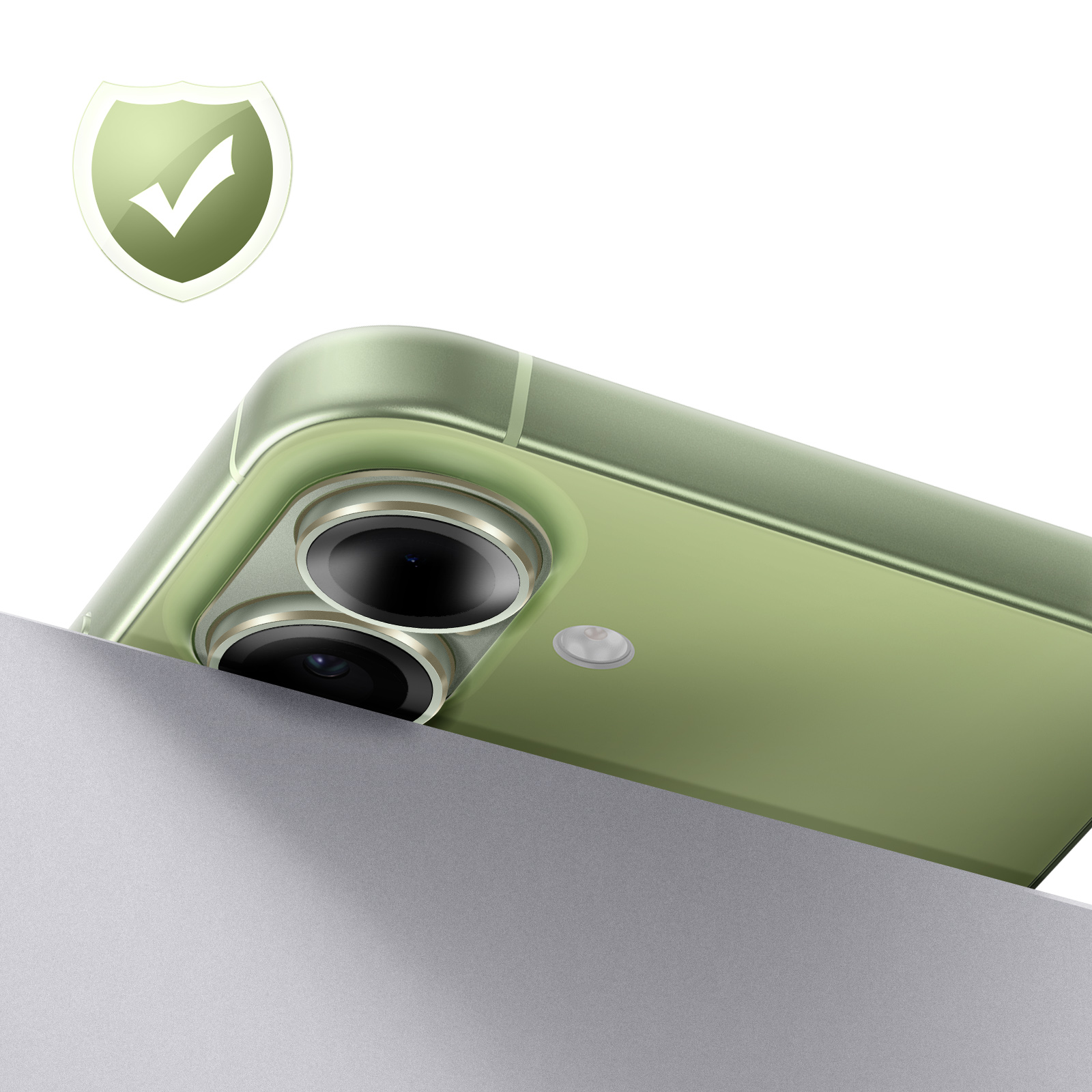 Groene smartphone cameraphone module met schildsymbool en vinkje.
