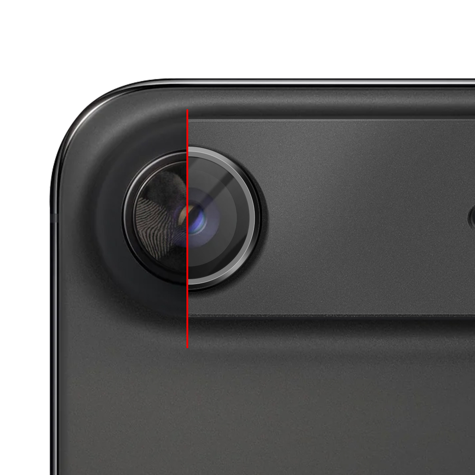 Gros plan d'un appareil photo de smartphone, avec une ligne rouge divisant l'objectif.