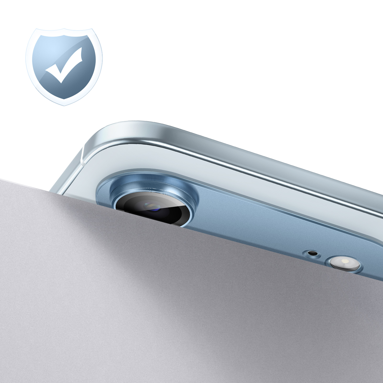 Un bouclier bleu avec une coche au-dessus d'un module caméra de téléphone.