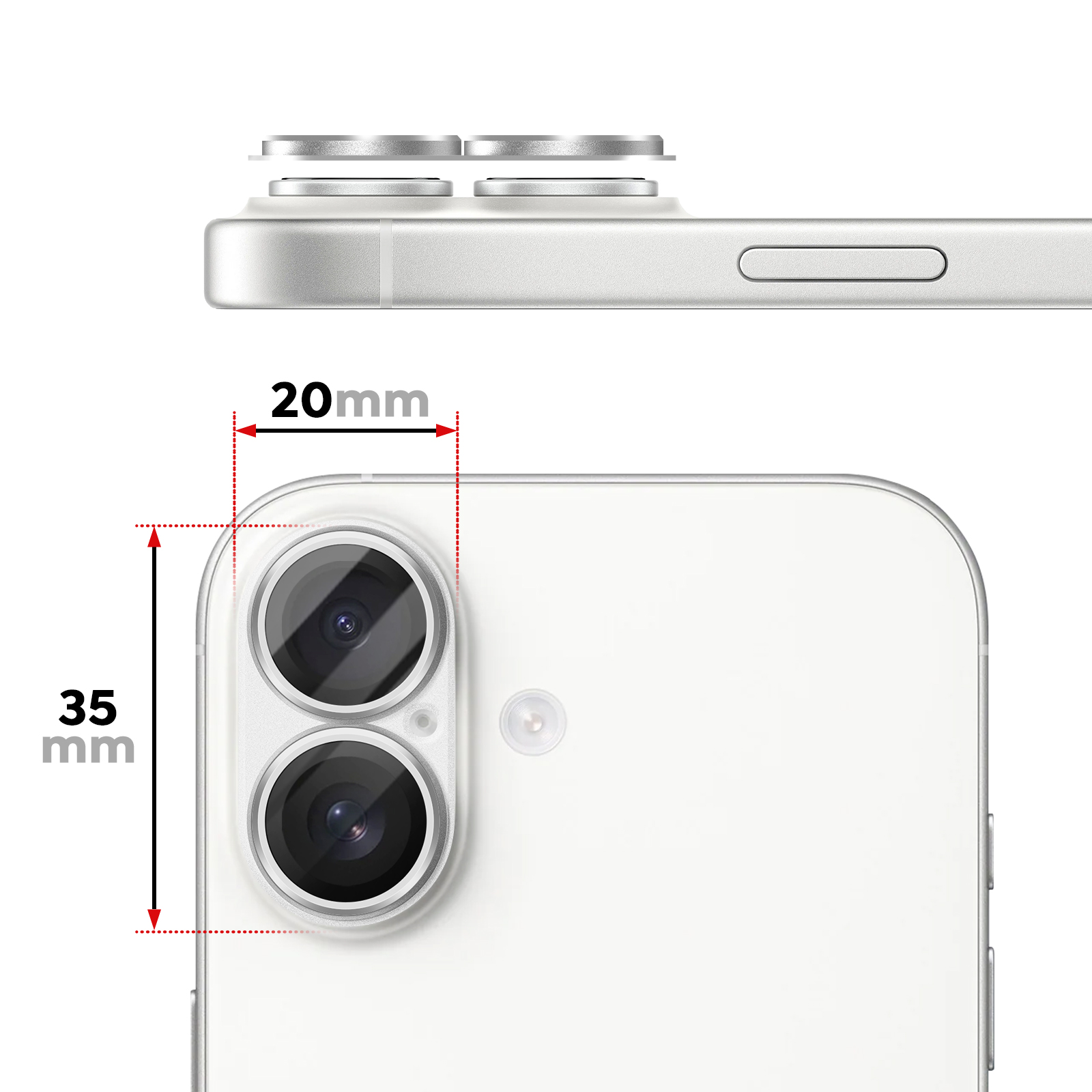 Arrière blanc de smartphone avec double caméra, montrant les dimensions 20mm et 35mm.