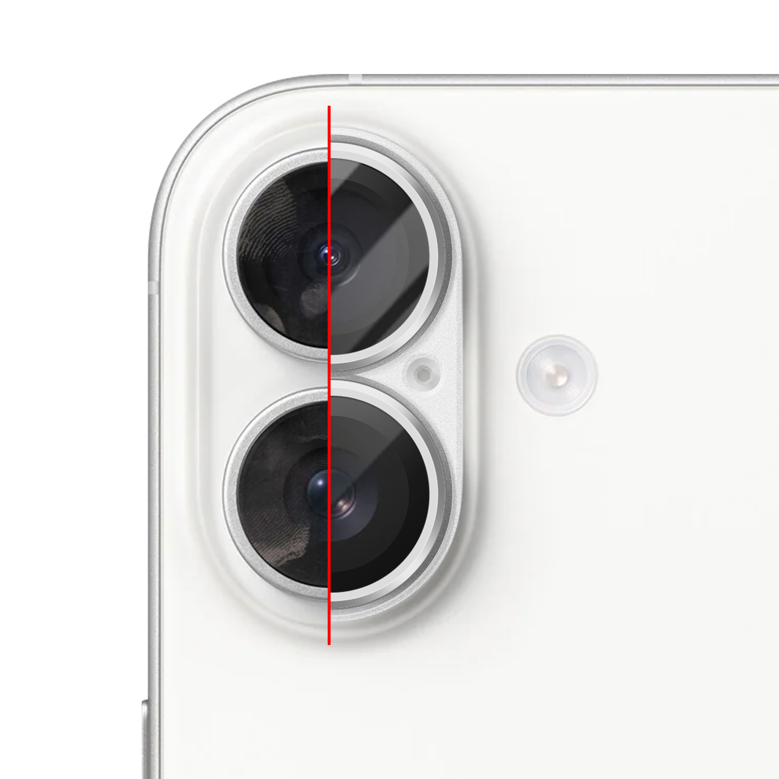 Gros plan de l'arrière d'un iPhone blanc avec deux caméras et une ligne rouge.