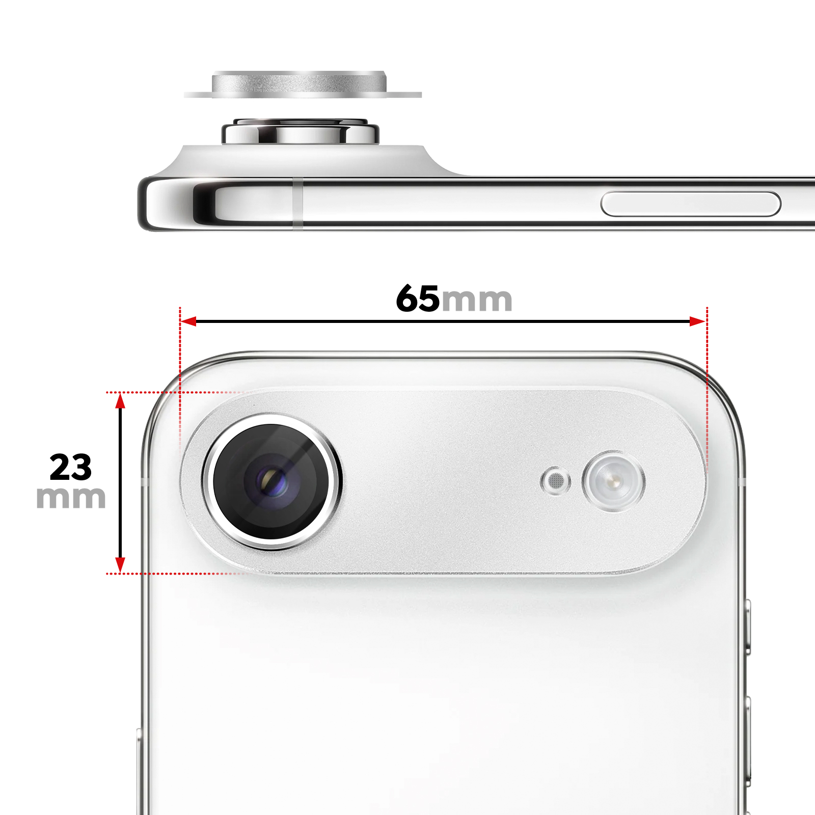 Dimensions d'un module caméra de smartphone blanc : 65mm de large, 23mm de haut.
