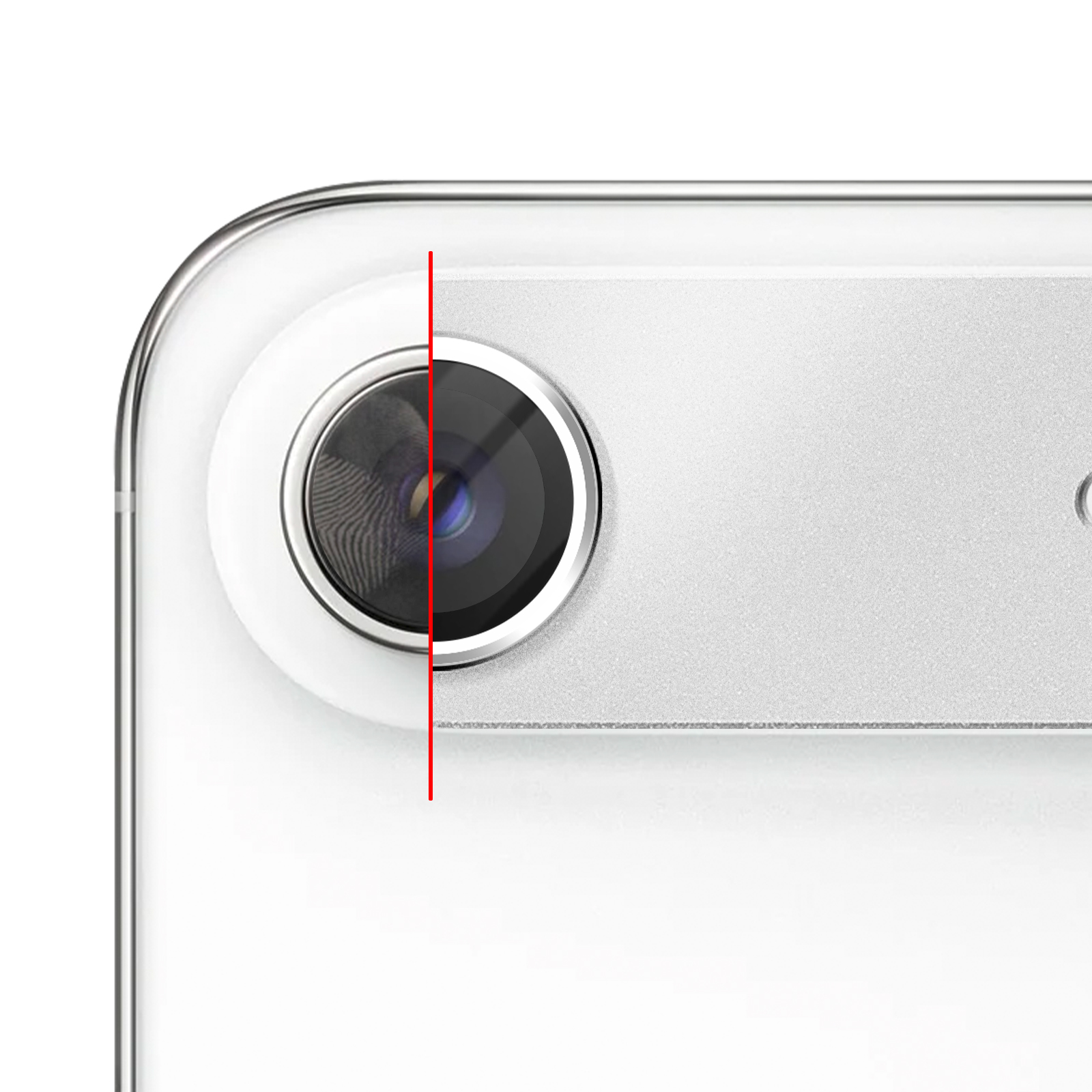 Gros plan de l'arrière d'un smartphone blanc montrant le module caméra et une ligne rouge.