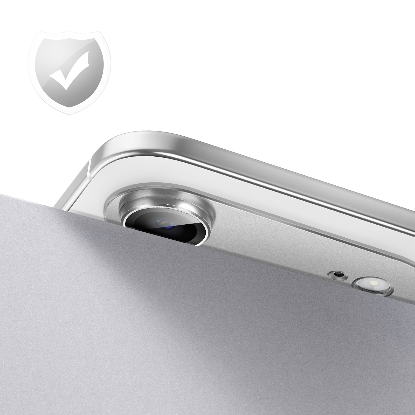 Gros plan du dos argenté d'une tablette avec appareil photo et sceau de protection.