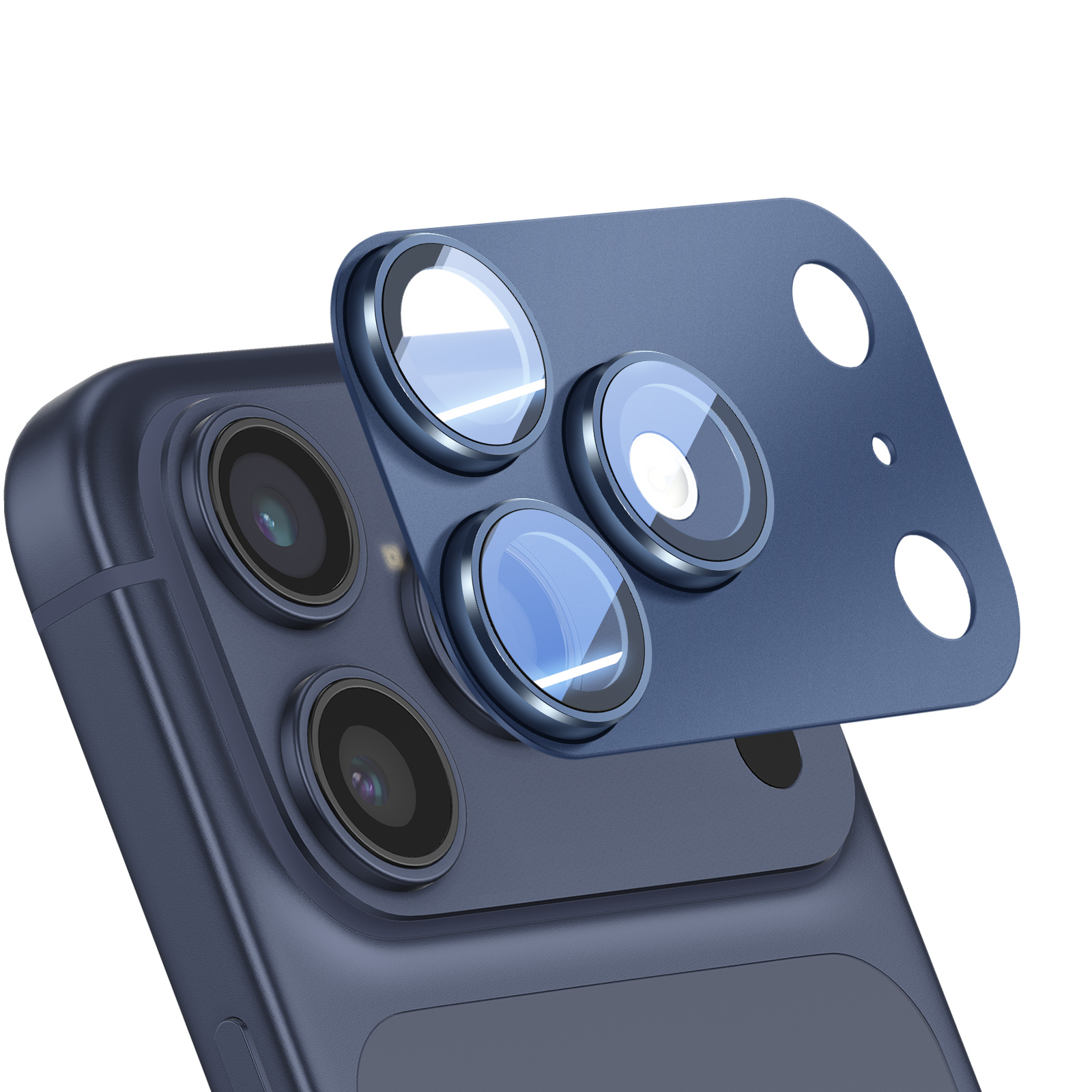Drie camera's op een blauwe telefoonhoes met metalen frame.