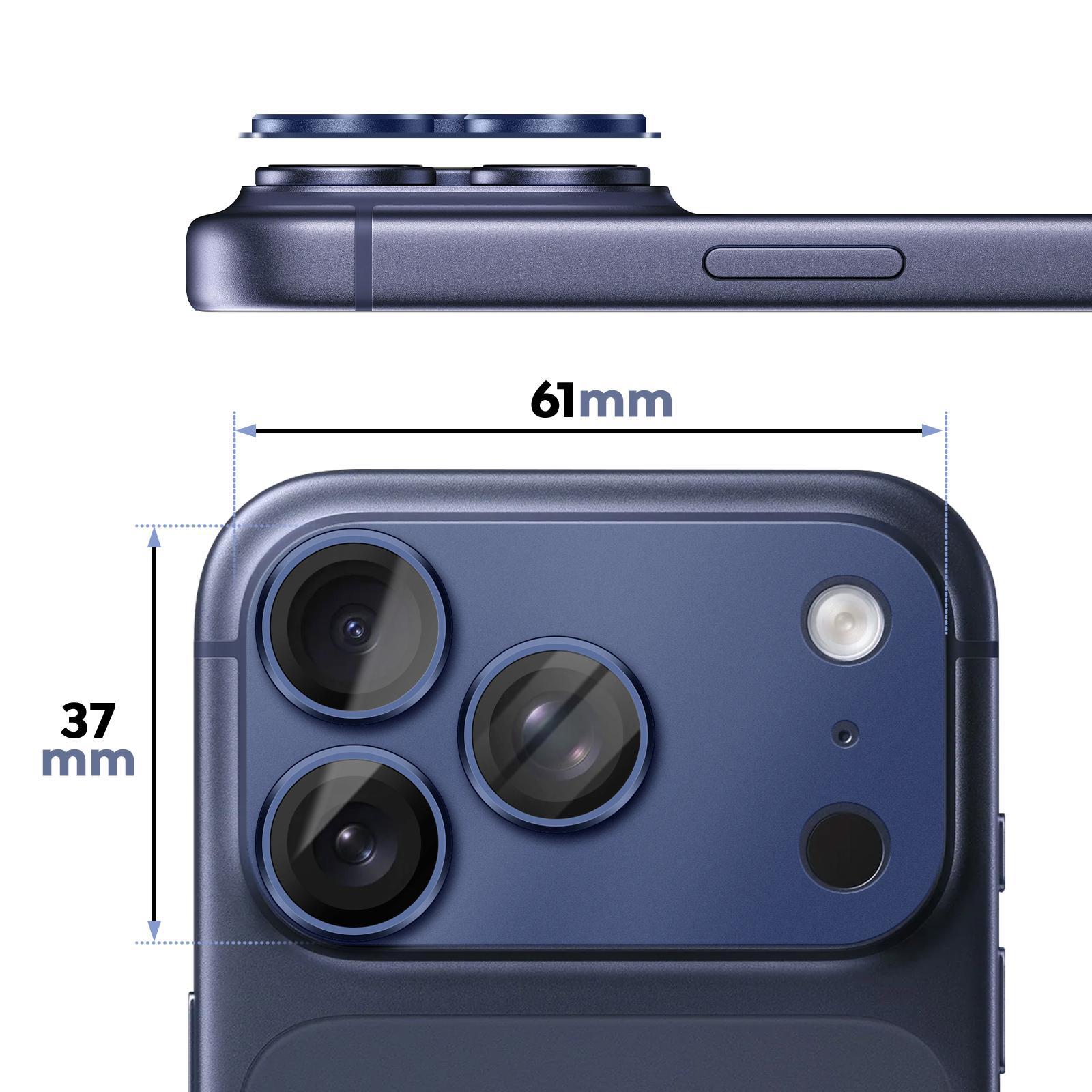 Close-up van een blauwe iPhone met drie camera's en afmetingen van 37mm en 61mm.