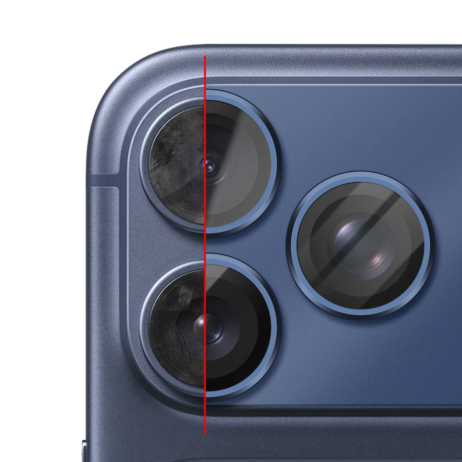 Close-up van een blauwe iPhone-camera met drie lenzen. Een rode lijn verdeelt de lenzen.