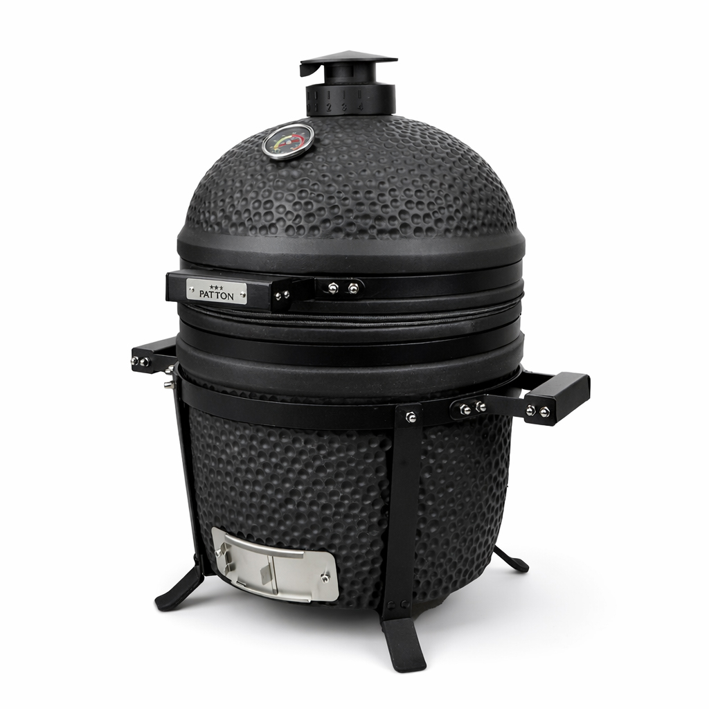 Schwarzer Keramik-Grill mit Thermometer und Lüftungsregler.